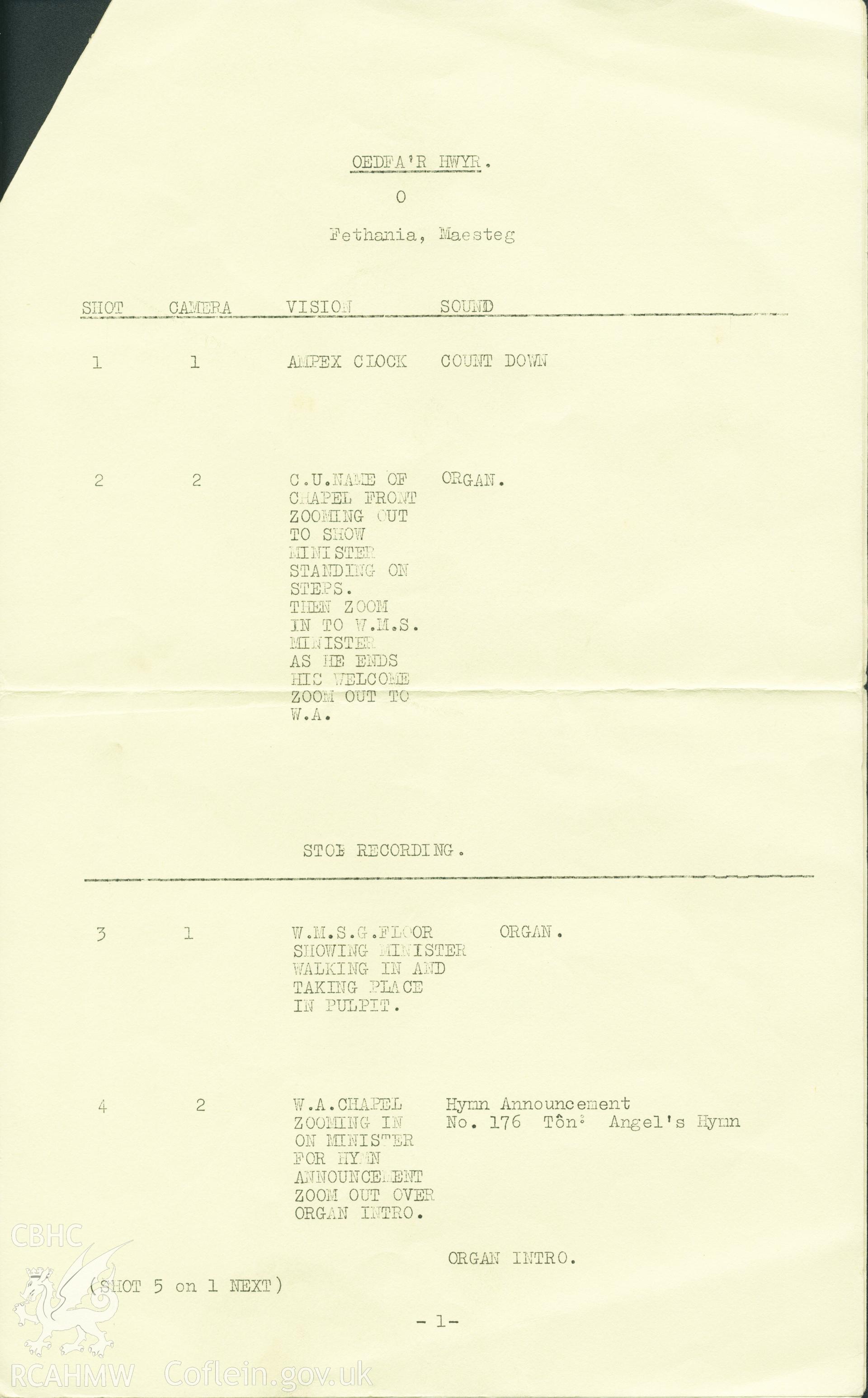 Copy of stage directions for cameraman recording service on 20th April 1967. Broadcast by the BBC on 3rd September, 1967. Donated to the RCAHMW by Cyril Philips as part of the Digital Dissent Project.