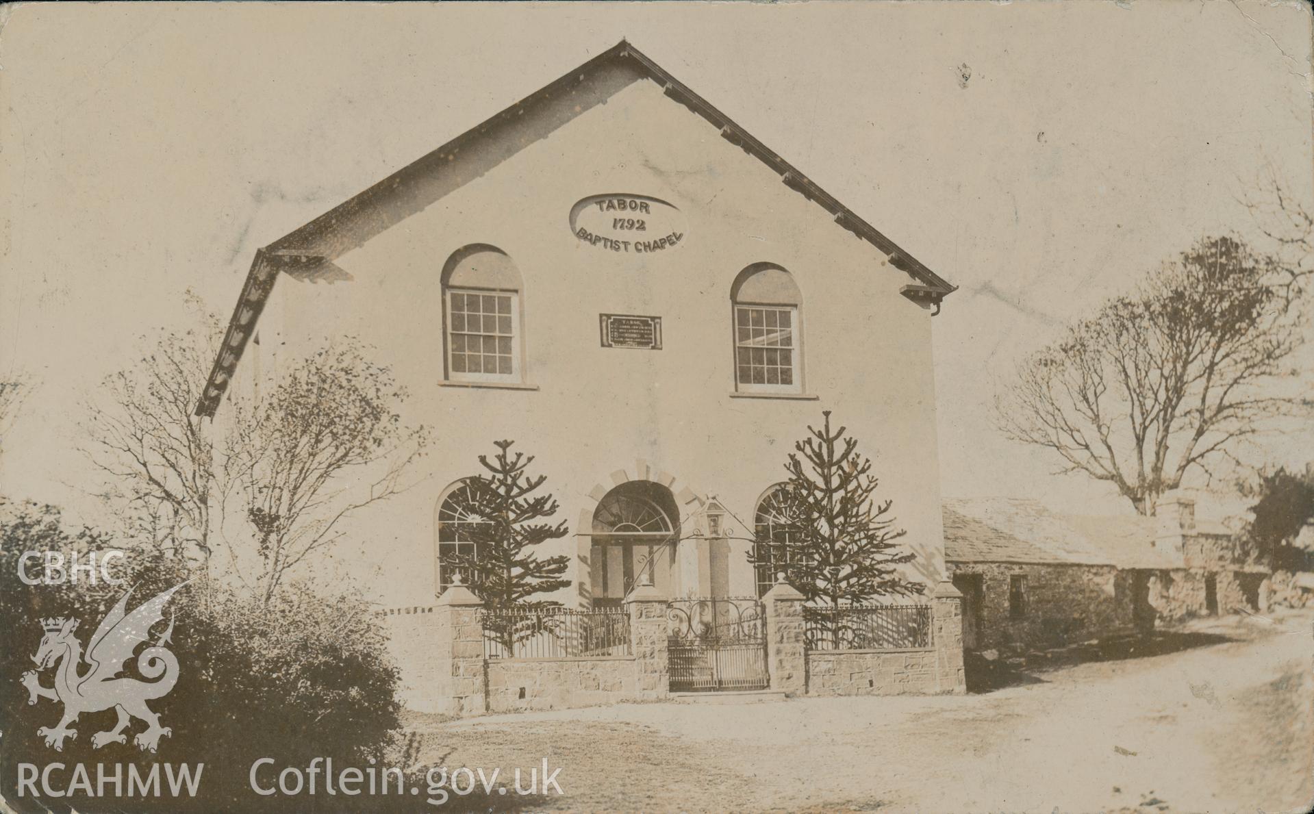 Digital copy of monochrome postcard showing exterior view of Tabor Welsh Baptist chapel, Dinas Cross. Franked on 19th August 1906. Loaned for copying by Thomas Lloyd.