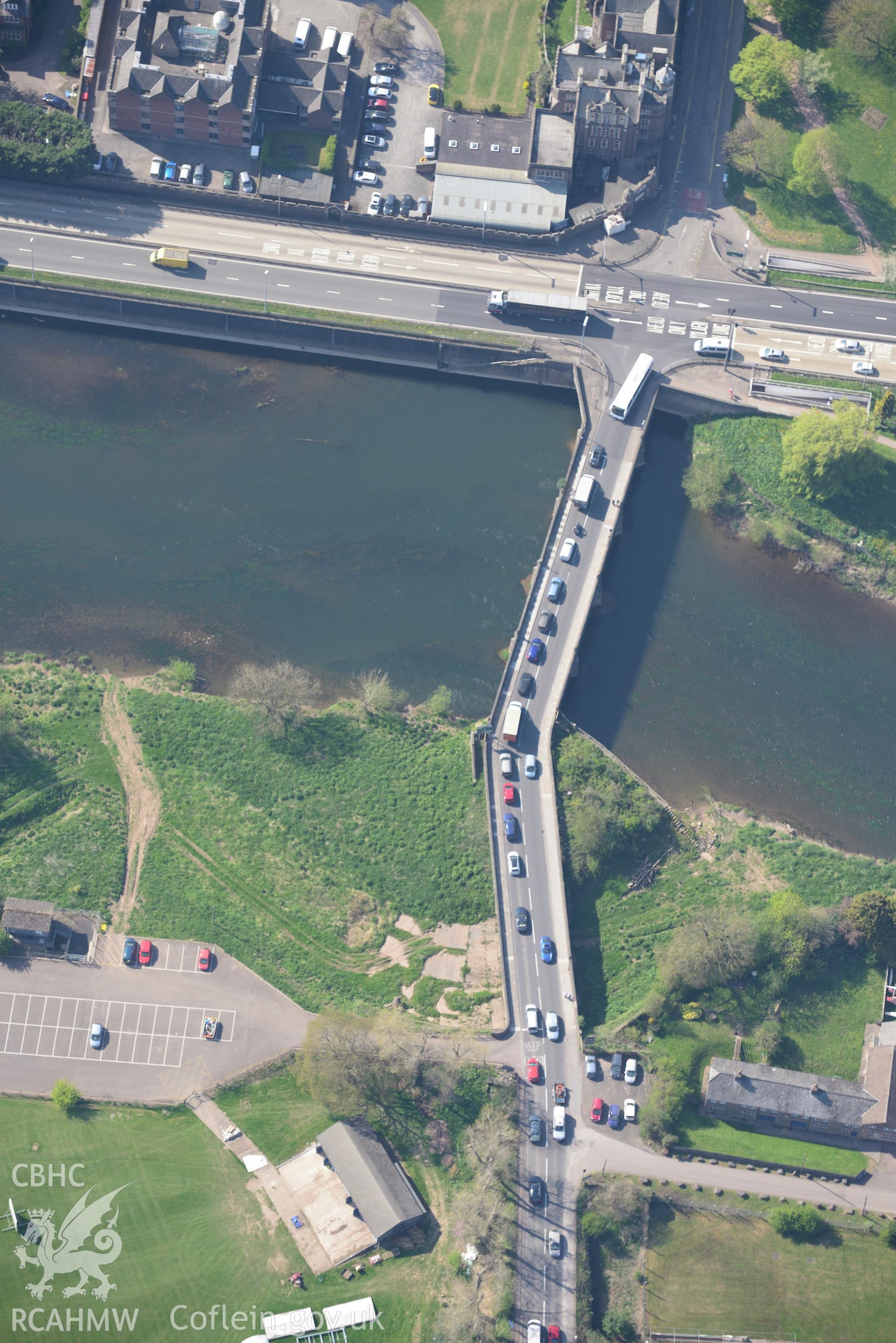 Wye Bridge at Monmouth. Oblique aerial photograph taken during the Royal Commission's programme of archaeological aerial reconnaissance by Toby Driver on 15th April 2015.