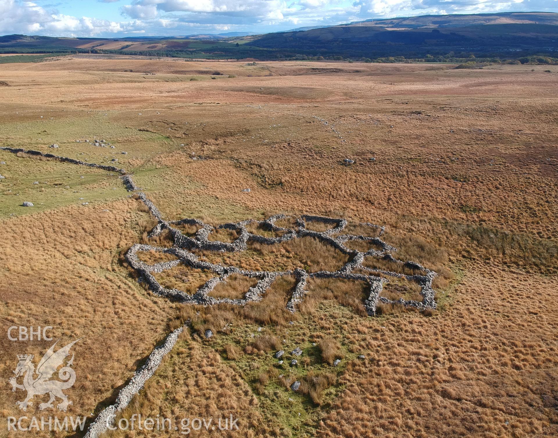 Aerial view of multi-cellular sheepfold south east of Dorwen, which is north of Ystradgynlais. Colour photograph taken by Paul R. Davis on 1st November 2018.