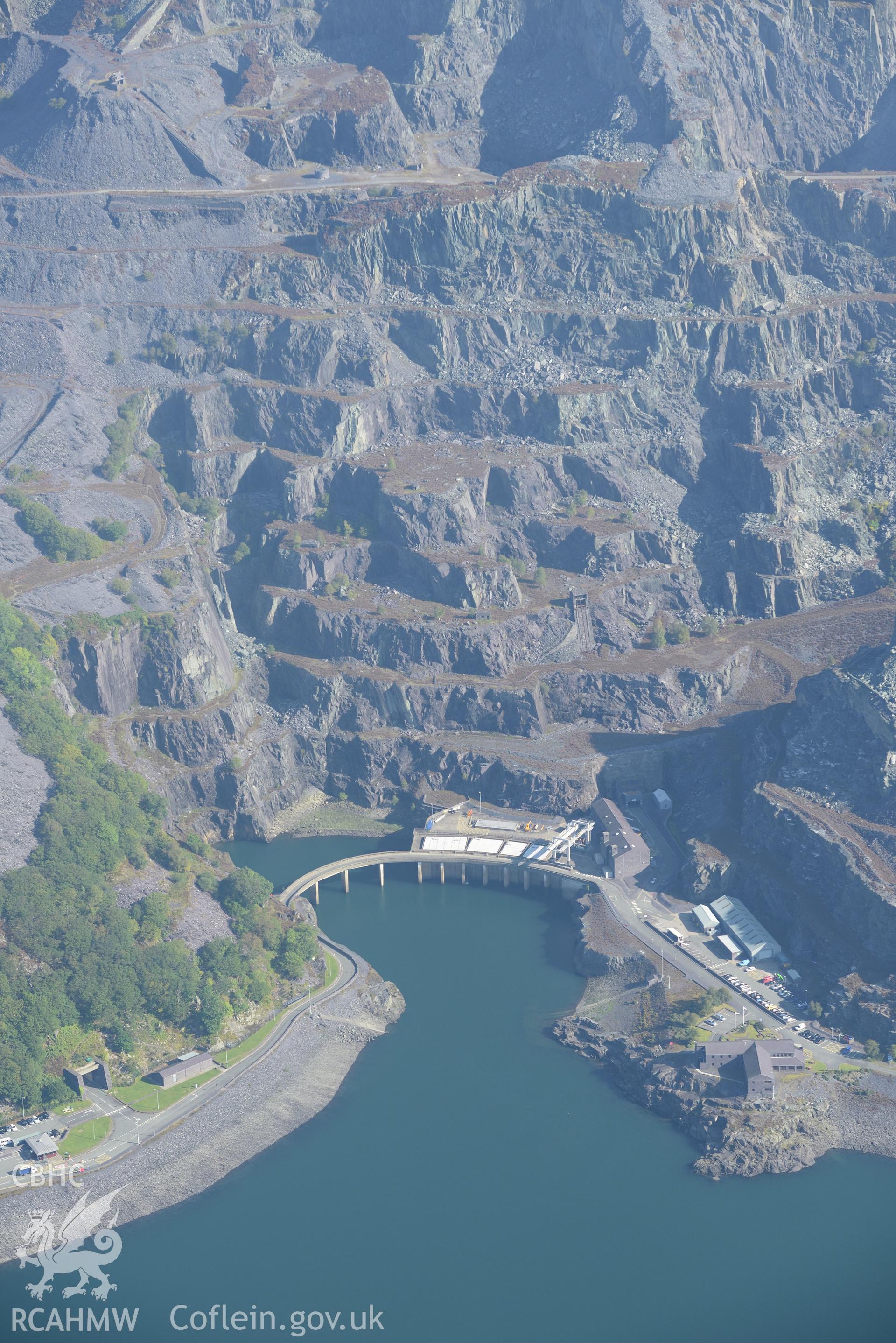 Dinorwic slate quarry; Dinorwig hydro-electric power station (Electric Mountain) and Llyn Peris reservoir, Llanberis. Oblique aerial photograph taken during the Royal Commission's programme of archaeological aerial reconnaissance by Toby Driver on 2nd October 2015.