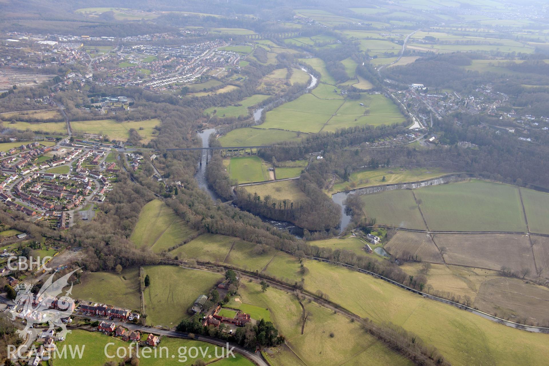 The village of Trevor, Llangollen Canal, Pontcysyllte Aqueduct and Bryn-Oerog garden, Llangollen. Oblique aerial photograph taken during the Royal Commission?s programme of archaeological aerial reconnaissance by Toby Driver on 28th February 2013.