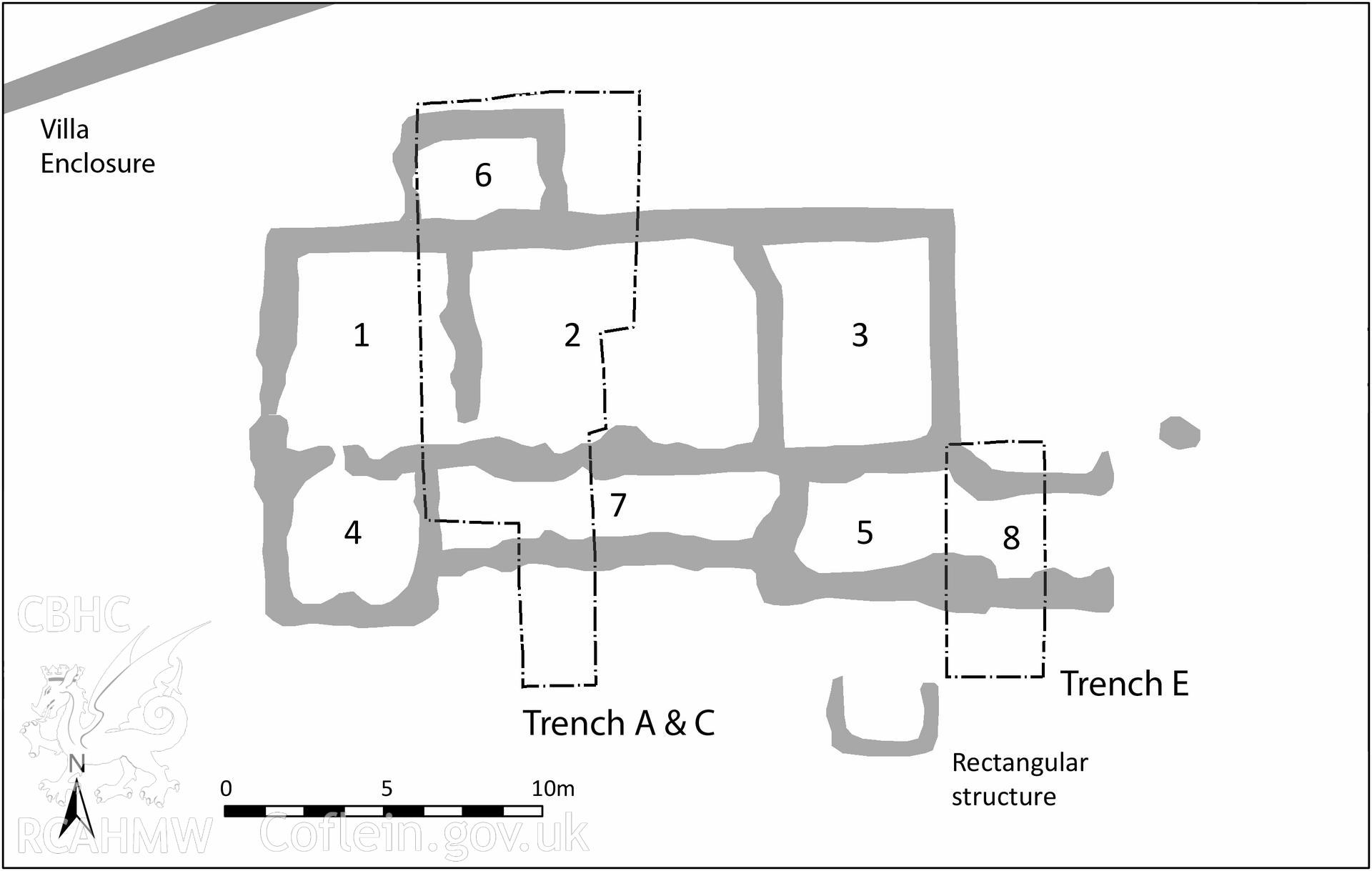 Arch Camb 167 (2018) 143-219. "The Romano-British villa at Abermagwr, Ceredigion: excavations 2010-2015" by Davies and Driver. Web-friendly .tif version of fig 5. Plan showing room numbers of the house.