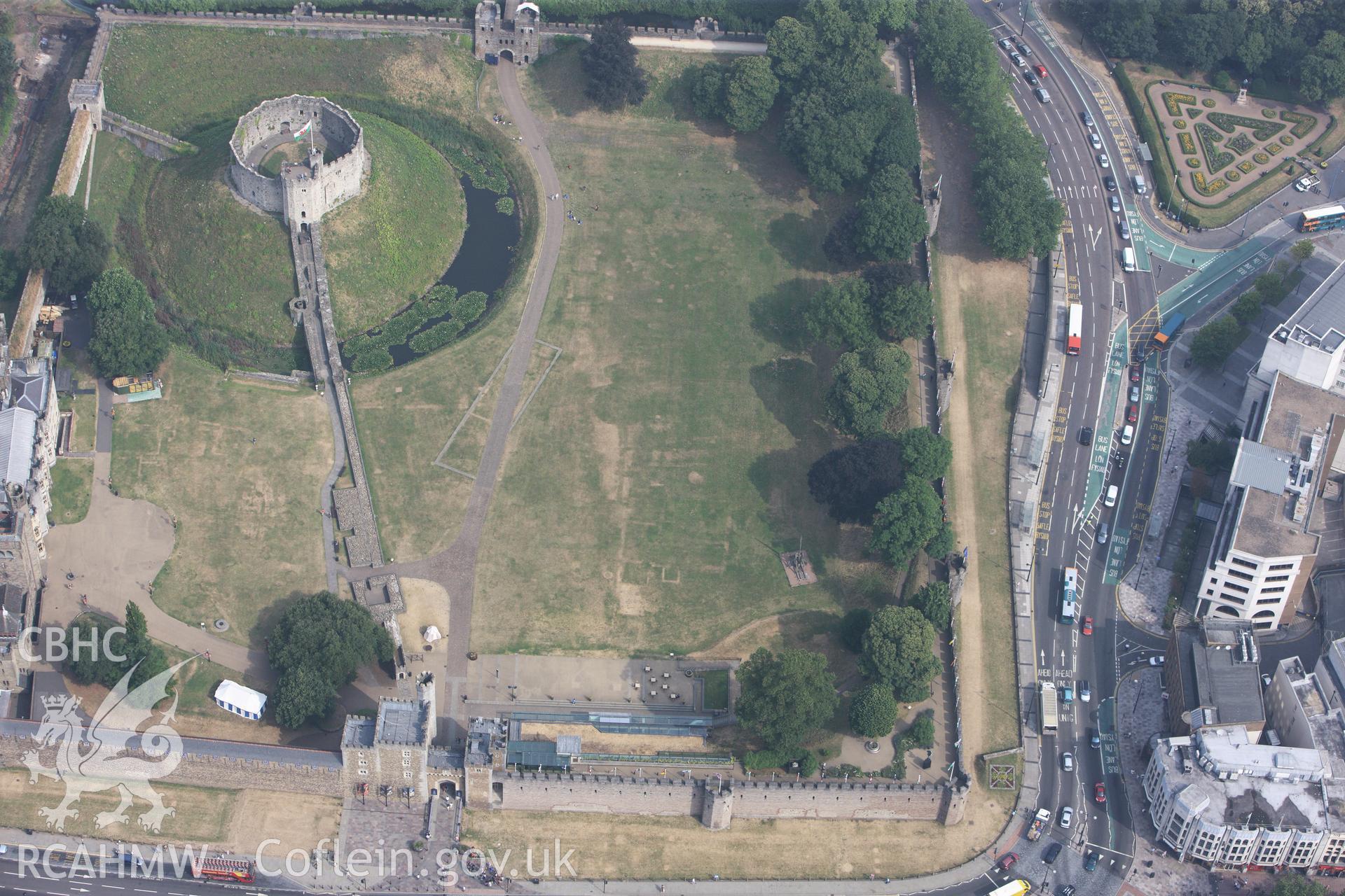 Royal Commission aerial photography of Cardiff Castle taken during drought conditions on 22nd July 2013, showing internal parchmarks.