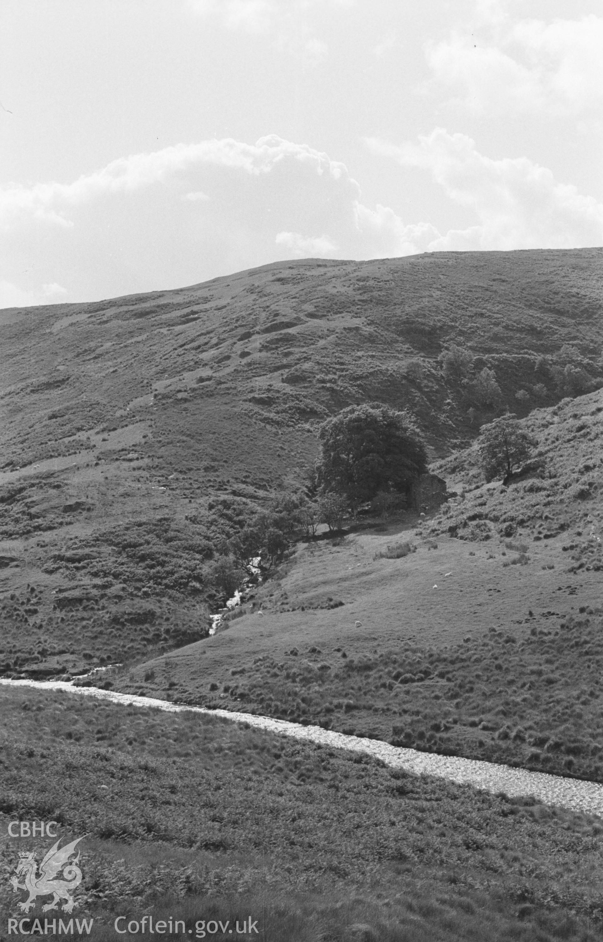 Digital copy of a black and white negative showing view across the Camddwr to the ruin of Nant-y-Graig farm in the trees, near Soar y Mynydd. Photographed in September 1963 by Arthur O. Chater from Grid Reference SN 7815 5435, looking south west.