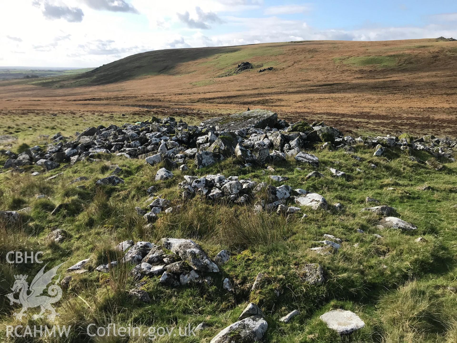 Digital colour photograph showing Carn Menyn Cairn or chambered tomb, Mynachlog Ddu, taken by Paul Davis on 22nd October 2019.