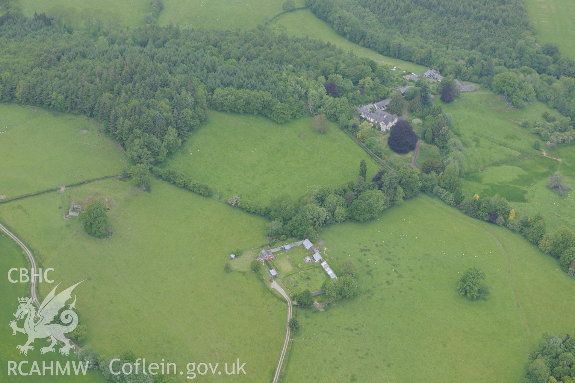 Pencerrig House and Garden, Llanelwedd. Oblique aerial photograph taken during the Royal Commission's programme of archaeological aerial reconnaissance by Toby Driver on 11th June 2018.