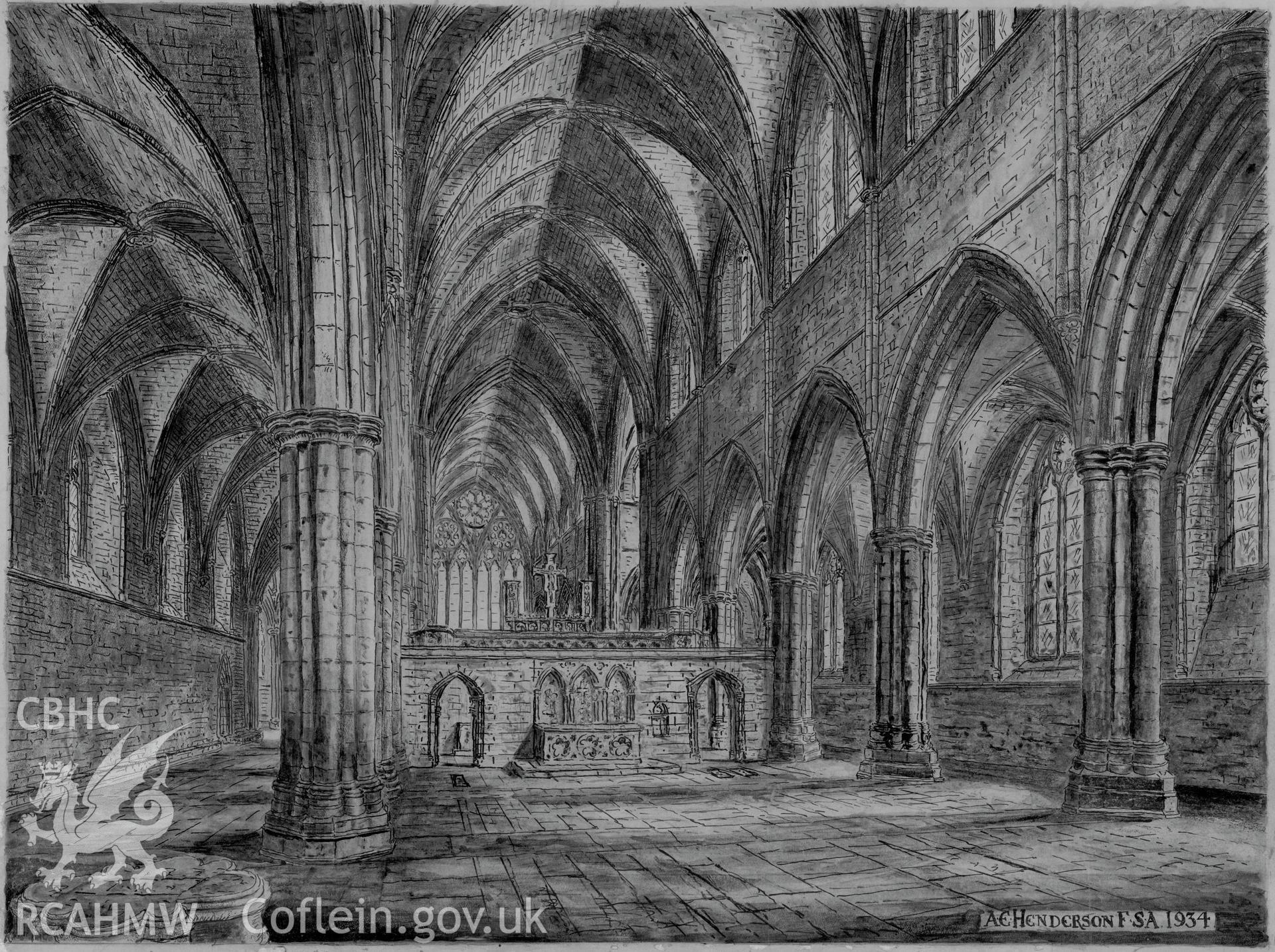 Conjectural reconstruction drawing of 'Tintern Abbey as Erected: Nave & North Aisle Looking East - Interior' produced by Arthur E. Henderson, 1934.