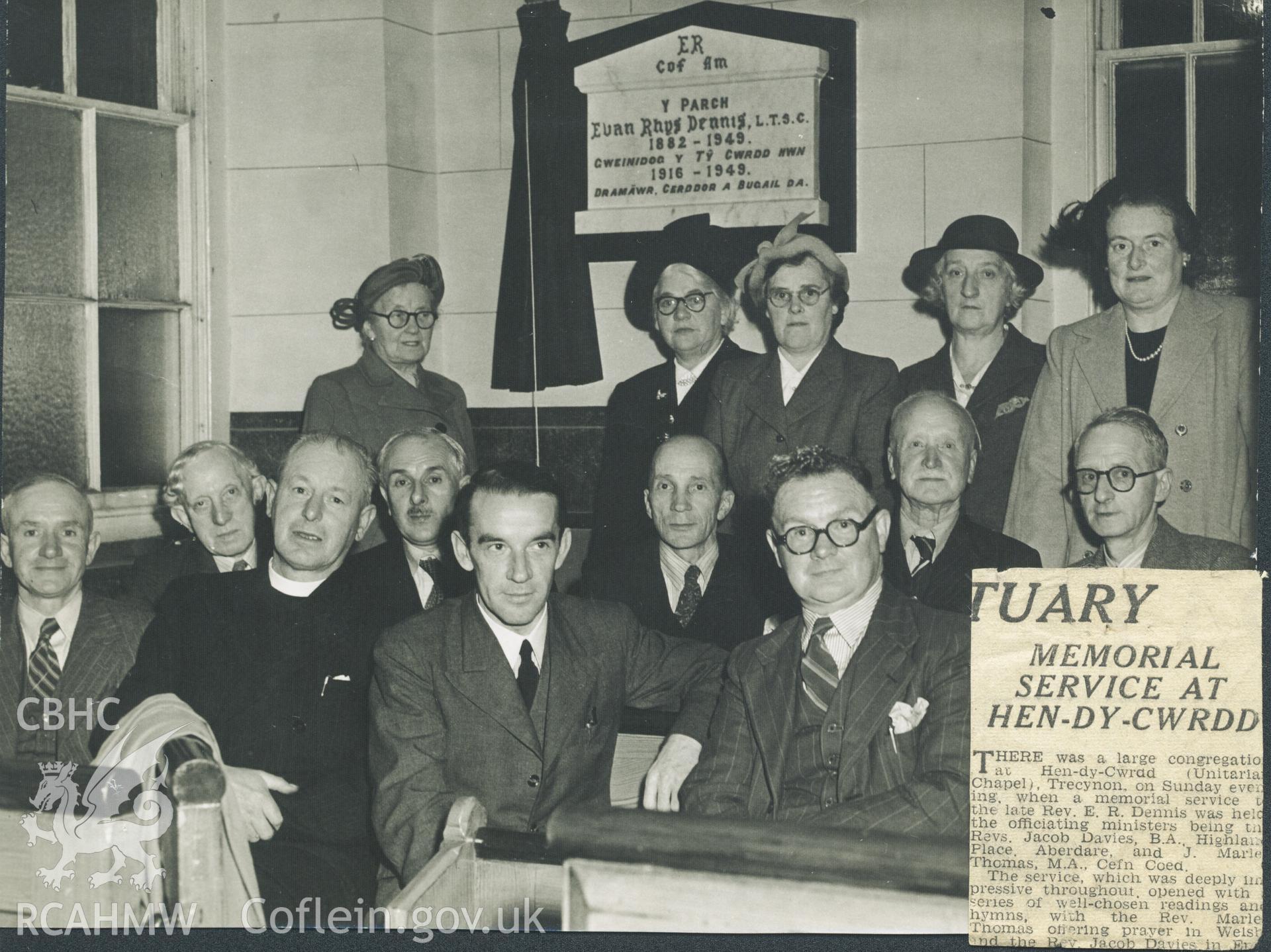 Black and white photograph of memorial service dedicated to the Rev. Evan Rhys Dennis, who was minister at Hen Dy Cwrdd 1916-1949. Donated by the Rev. Eric Jones to the RCAHMW as part of the Digital Dissent Project.