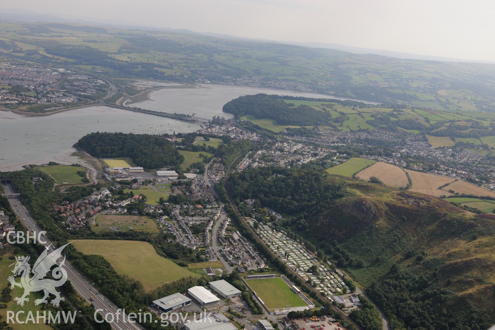 View of Conwy. Oblique aerial photograph taken during the Royal Commission's programme of archaeological aerial reconnaissance by Toby Driver on 11th September 2015.