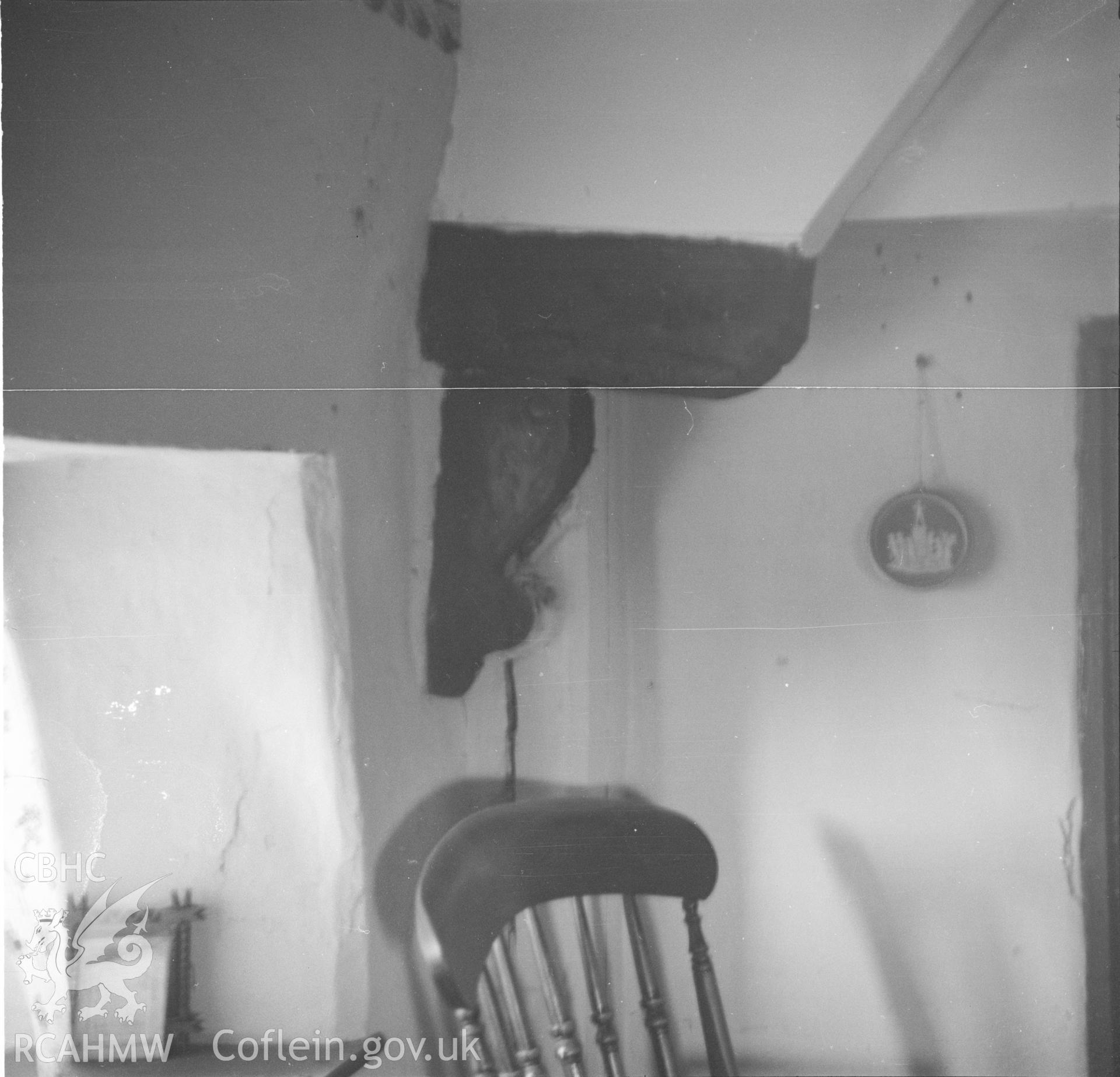 Digital copy of black and white nitrate negative, interior view showing detail of beam at Coed-y-Cra Uchaf.