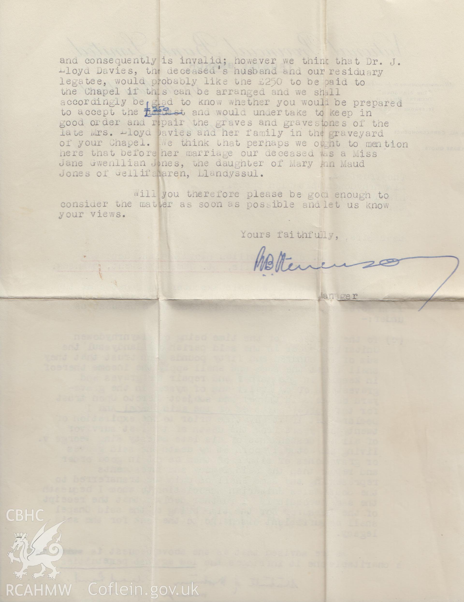 Typed letter regarding bequest from Jane Gwenllian Lloyd Davies to Llwynrhydowen for keeping in order graves at Llwynrhydowen chapel. Donated to the RCAHMW during the Digital Dissent Project.
