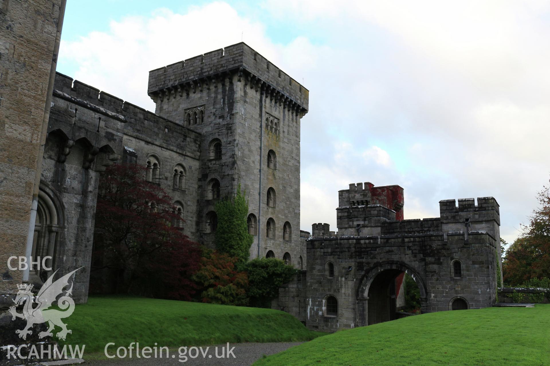 Photographic survey of Penrhyn Castle, Bangor. East front, view across the yard towards the back of entrance and porch.
