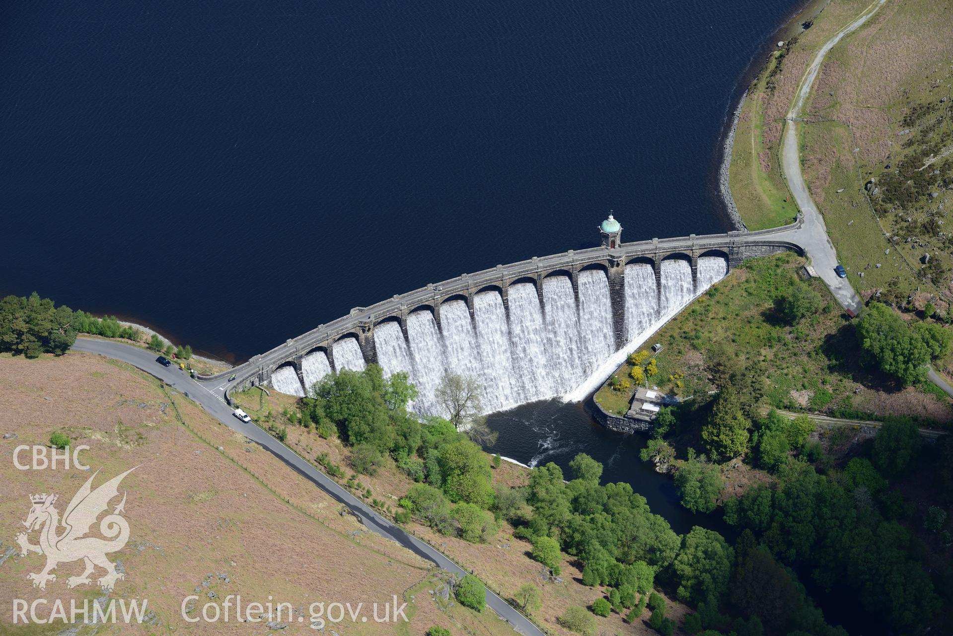 Craig Goch reservoir, dam and dam valve tower, Elan Valley Water Scheme. Oblique aerial photograph taken during the Royal Commission's programme of archaeological aerial reconnaissance by Toby Driver on 3rd June 2015.