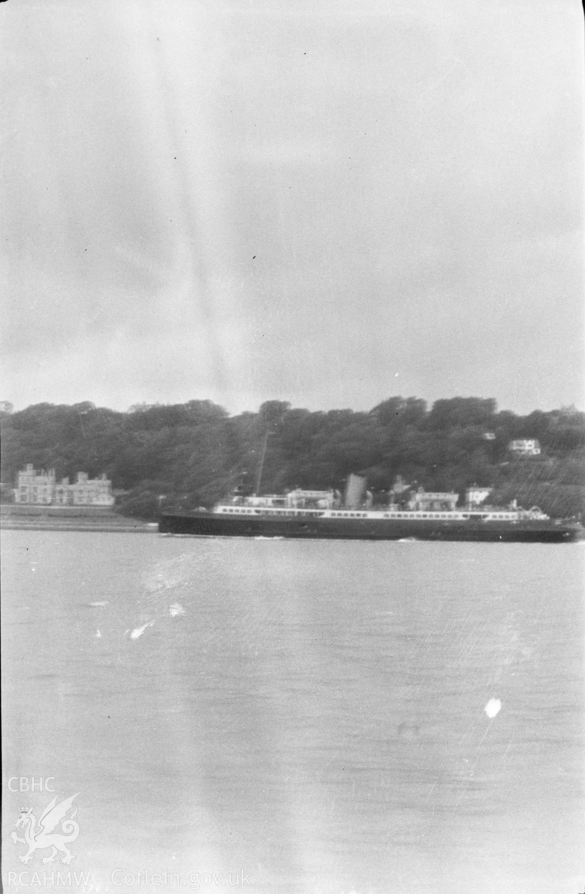Digital copy of a nitrate negative showing an unidentified vessel off the coast of Aberystwyth, from the Peter Henley Collection.