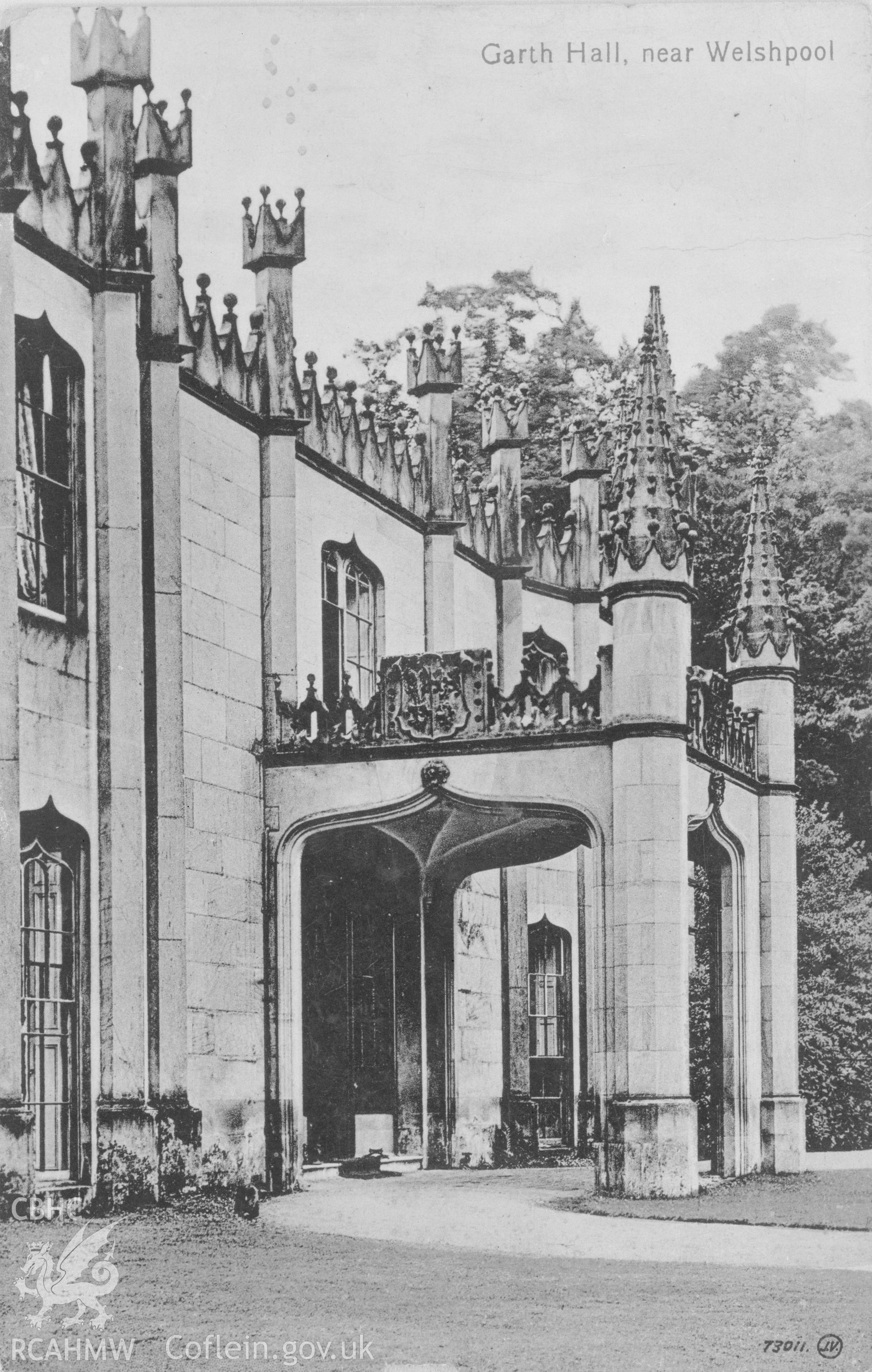 Digital copy of a black and white nitrate negative, exterior view of ornate porch at Garth Hall.