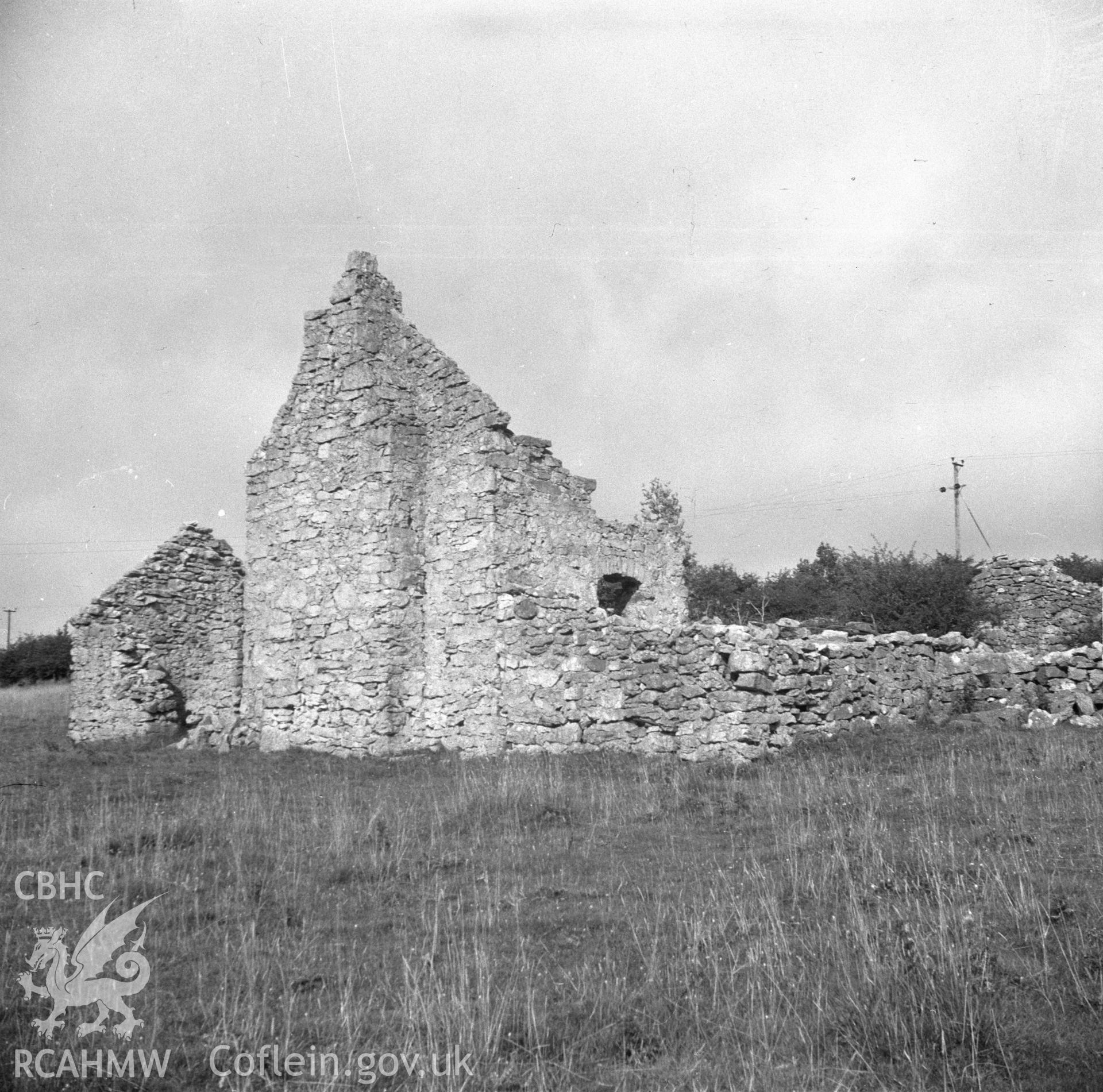 Digital copy of a black and white nitrate negative showing exterior view of an unidentified ruined house in Brynford community, Flintshire.