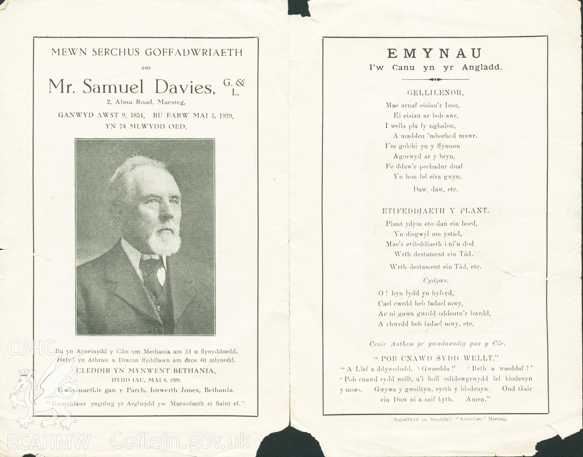 Copy of pamphlet in memory of Samuel Davies, conductor of 50 years, who died in May 1929 whilst the congregation were singing his anthem. Donated to the RCAHMW by Enyd Carroll as part of the Digital Dissent Project.
