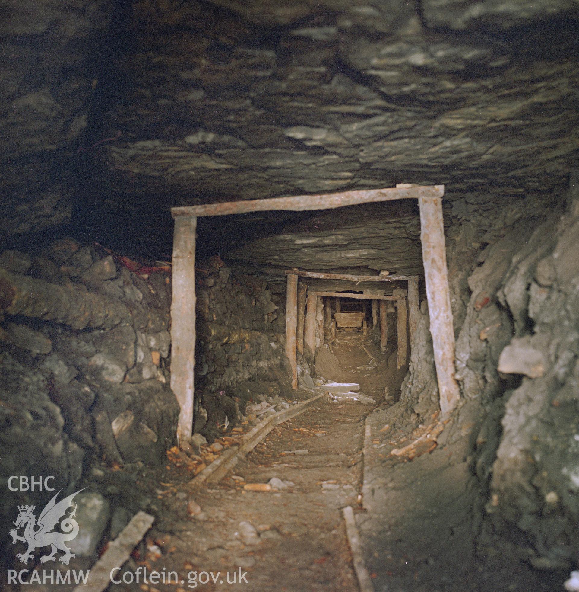 Digital copy of an acetate negative showing old iron-stone workings in the Coity Pits at Big Pit, from the John Cornwell Collection.