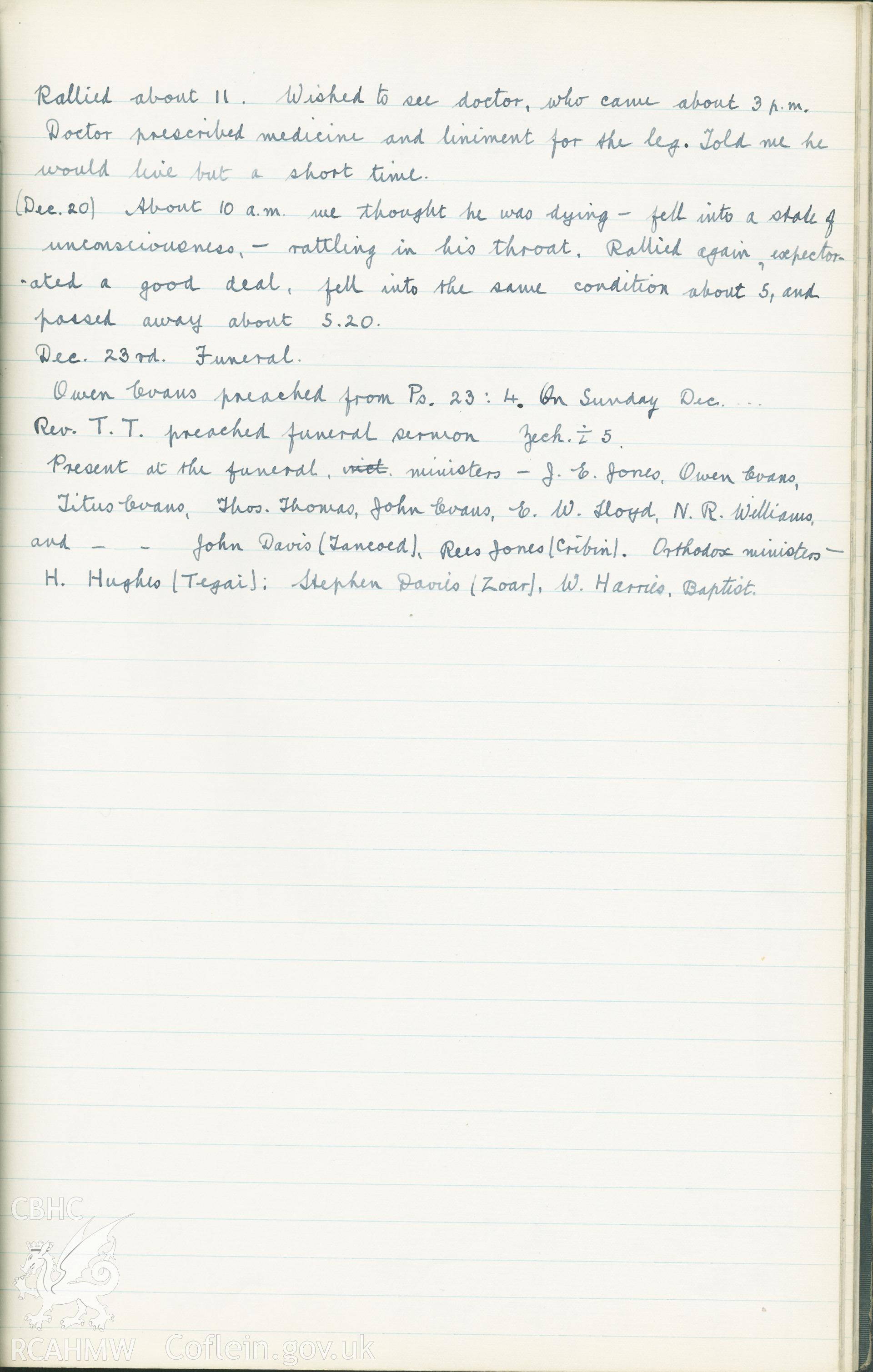 Account of the Rev. John Jones's death, written by his son the Rev. Rees Jenkin Jones and copied by W. W. Price, Penlan, Brynhyfryd, Aberdare, 27th April, 1941. Donated to the RCAHMW as part of the Digital Dissent Project.