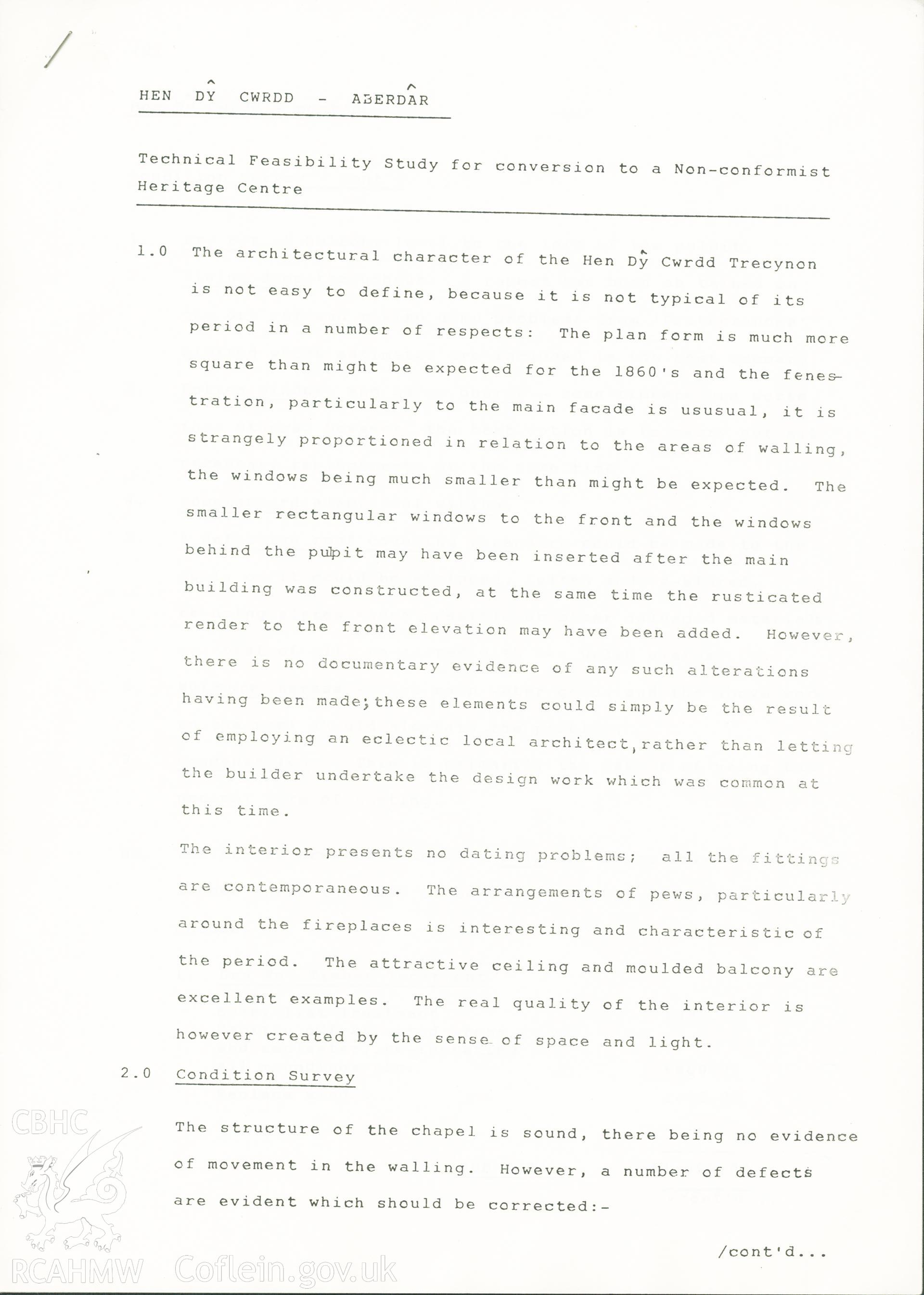 Document assessing the feasibility of converting Yr Hen Dy Cwrdd into a Non-conformist Heritage Centre, 20th May 1985. This page provides an overview of its architecture and part of condition survey. Donated to the RCAHMW during the Digital Dissent Project.