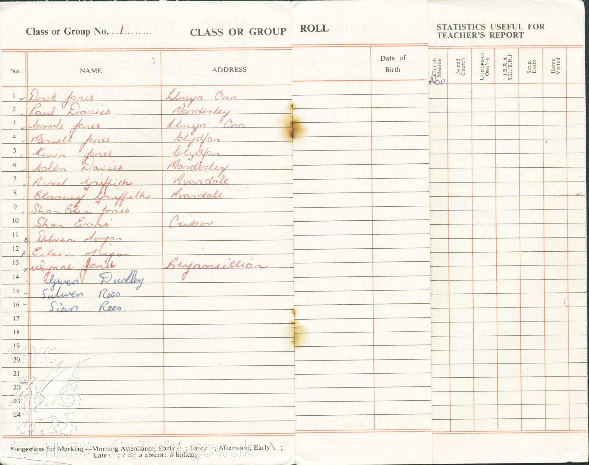 Llwynrhydowen Sunday School Class register 1967. Donated to the RCAHMW during the Digital Dissent Project.
