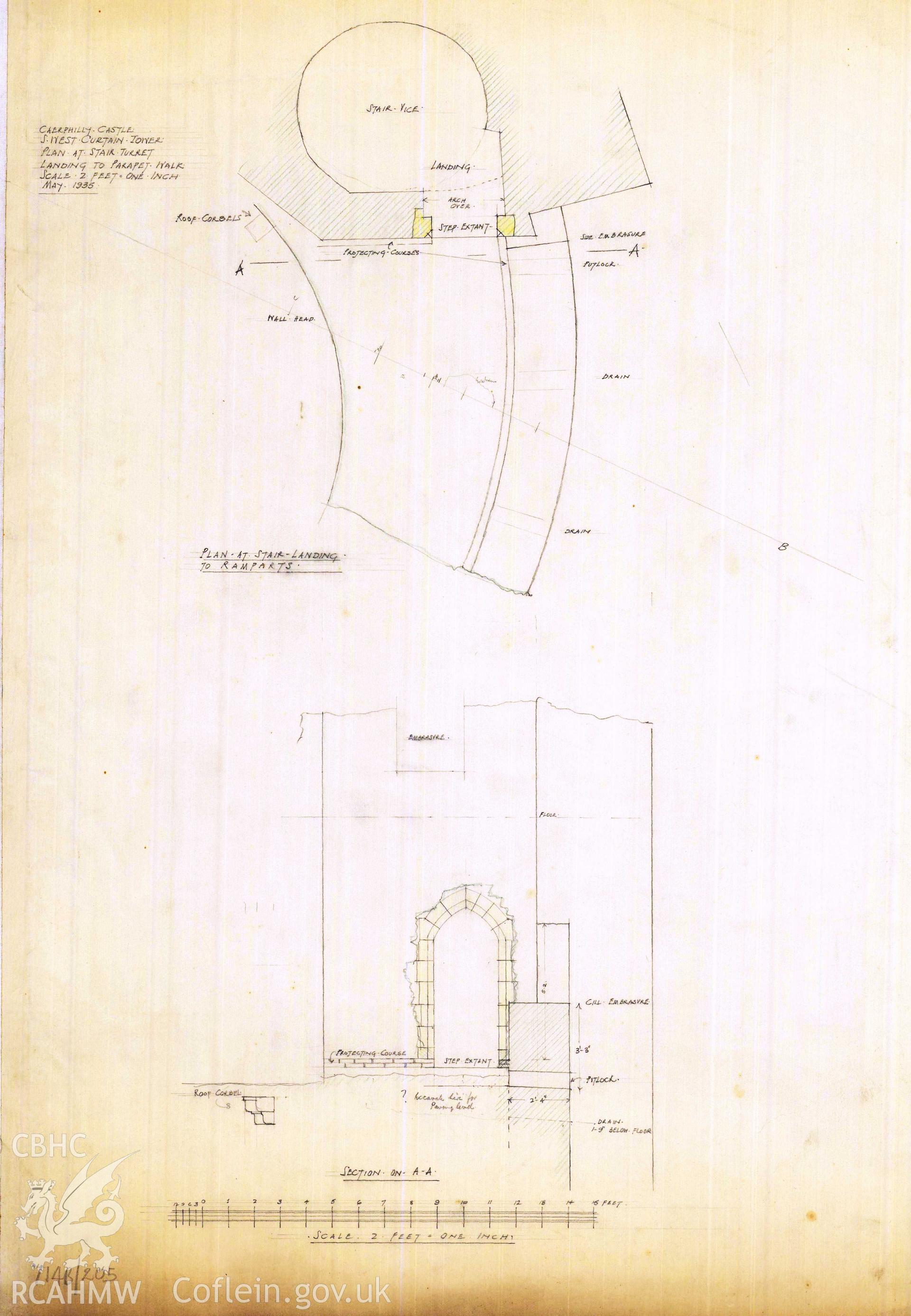 Cadw guardianship monument drawing of Caerphilly Castle. SW tower, parapet landing. Cadw Ref. No:714B/205. Scale 1:24.
