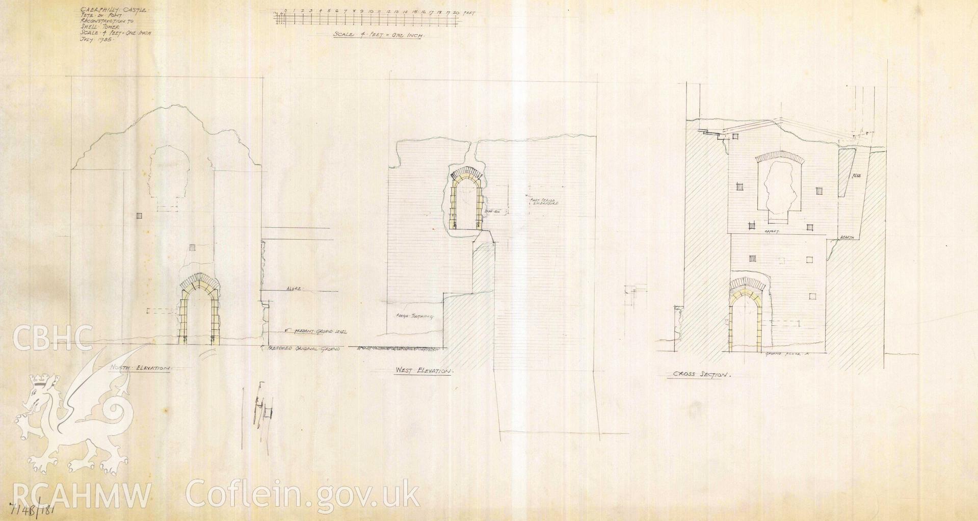 Cadw guardianship monument drawing of Caerphilly Castle. Dam S tower, elevs+ section (ii). Cadw Ref. No:714B/181. Scale 1:48.