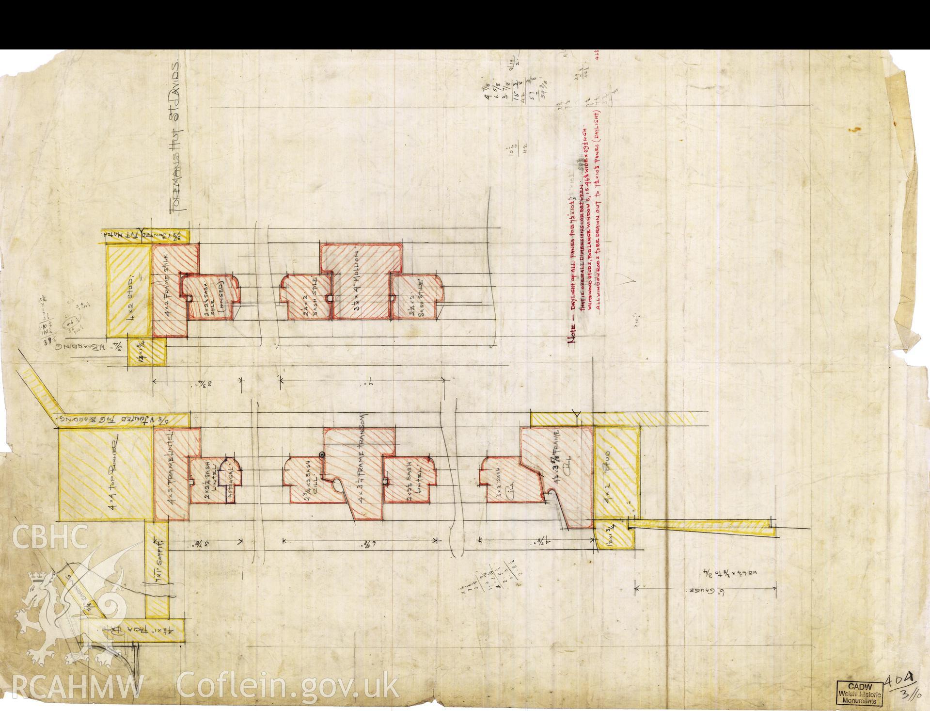 Cadw guardianship monument drawing of St David's Bishop's Palace. Foreman's house, window section. Cadw Ref. No:404/3//o. Scale 1:1.