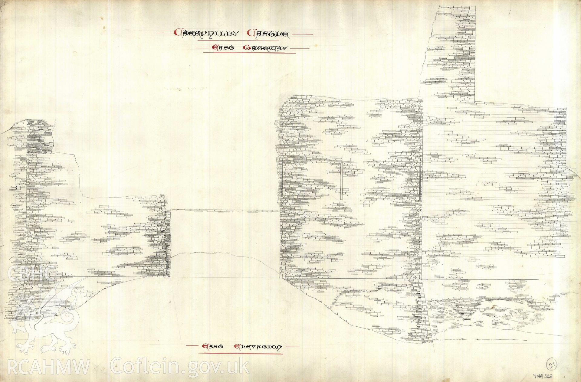 Cadw guardianship monument drawing of Caerphilly Castle. Mid E gate, E (ext) elev. Cadw Ref. No:714B/323. Scale 1:24.