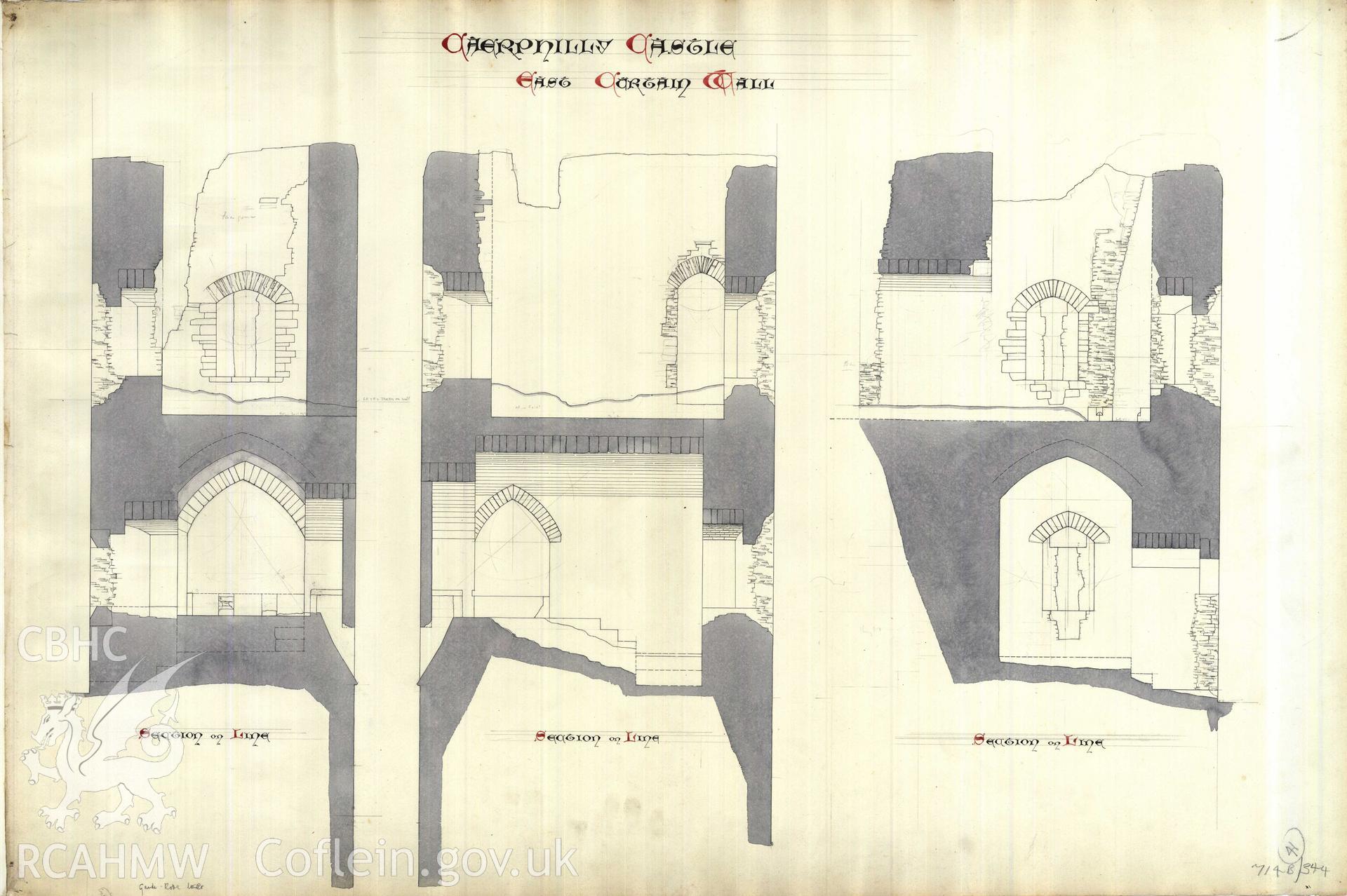 Cadw guardianship monument drawing of Caerphilly Castle. East Curtain Wall, sections Cadw Ref. No:714B/344. Scale 1:24.