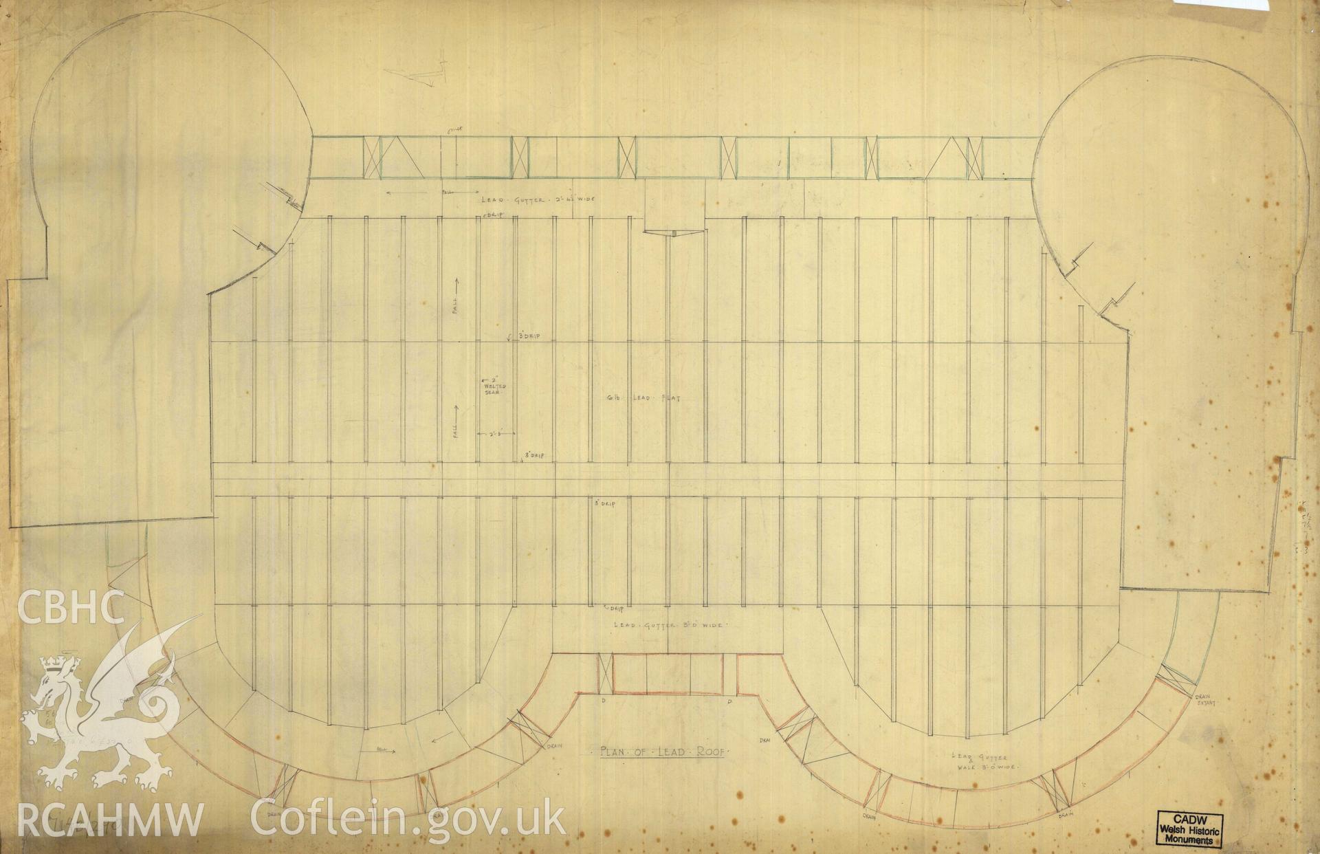 Cadw guardianship monument drawing of Caerphilly Castle. Inner E gate roof, leadwork+drains. Cadw Ref. No:714B/290. Scale 1:24.