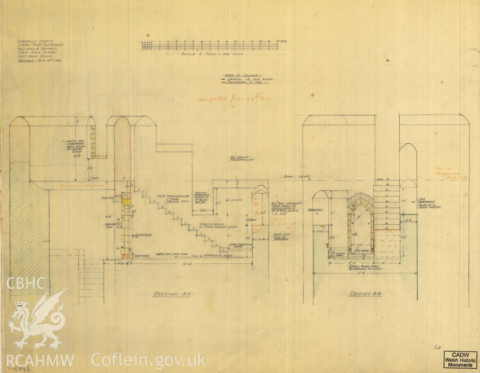 Cadw guardianship monument drawing of Caerphilly Castle. Inner E gate, S turret stairs. Cadw Ref. No:714B/284b. Scale 1:24.