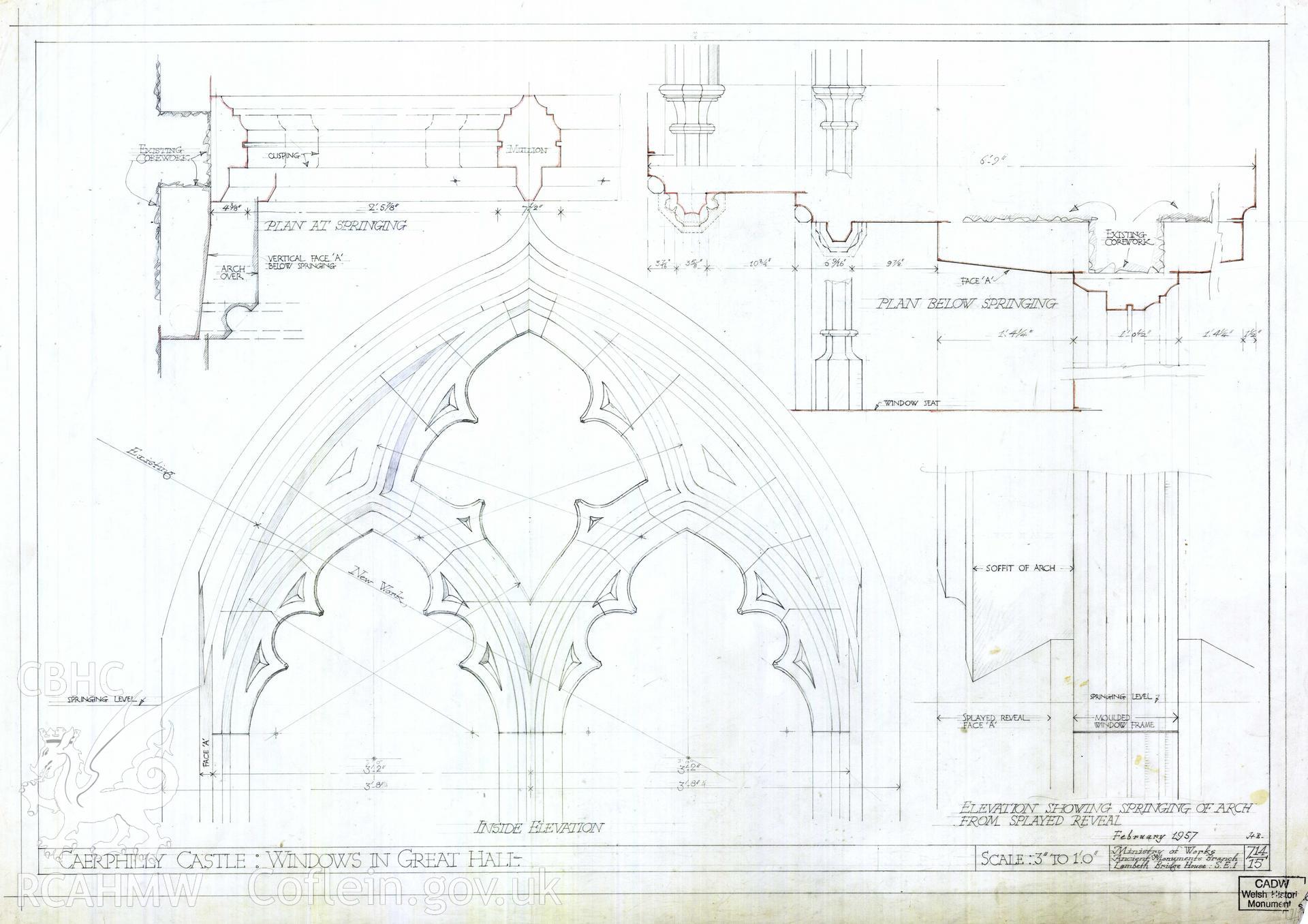 Cadw guardianship monument drawing of Caerphilly Castle. Hall, tracery, interior elevations. Cadw ref. no: 714/15. Scale 1:4.