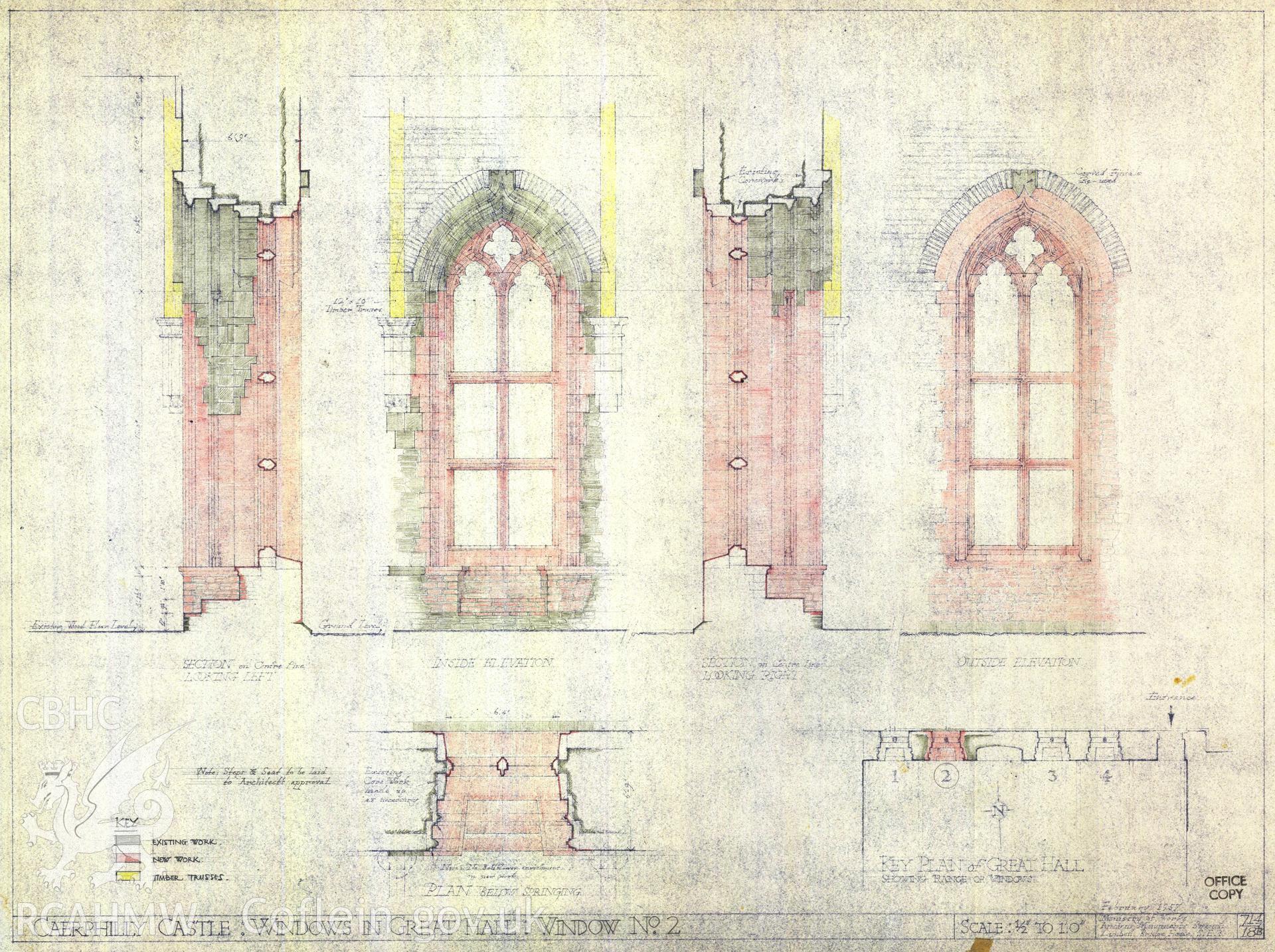 Cadw guardianship monument drawing of Caerphilly Castle. Hall, window 2, in+out for costing. Cadw ref. no: 714/18B. Scale 1:24.
