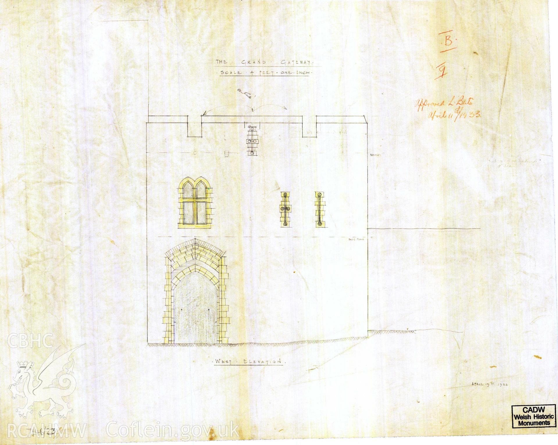 Cadw guardianship monument drawing of Caerphilly Castle. Outer E gate, W (int) elev. Cadw ref. no: 714B/23. Scale 1:48.