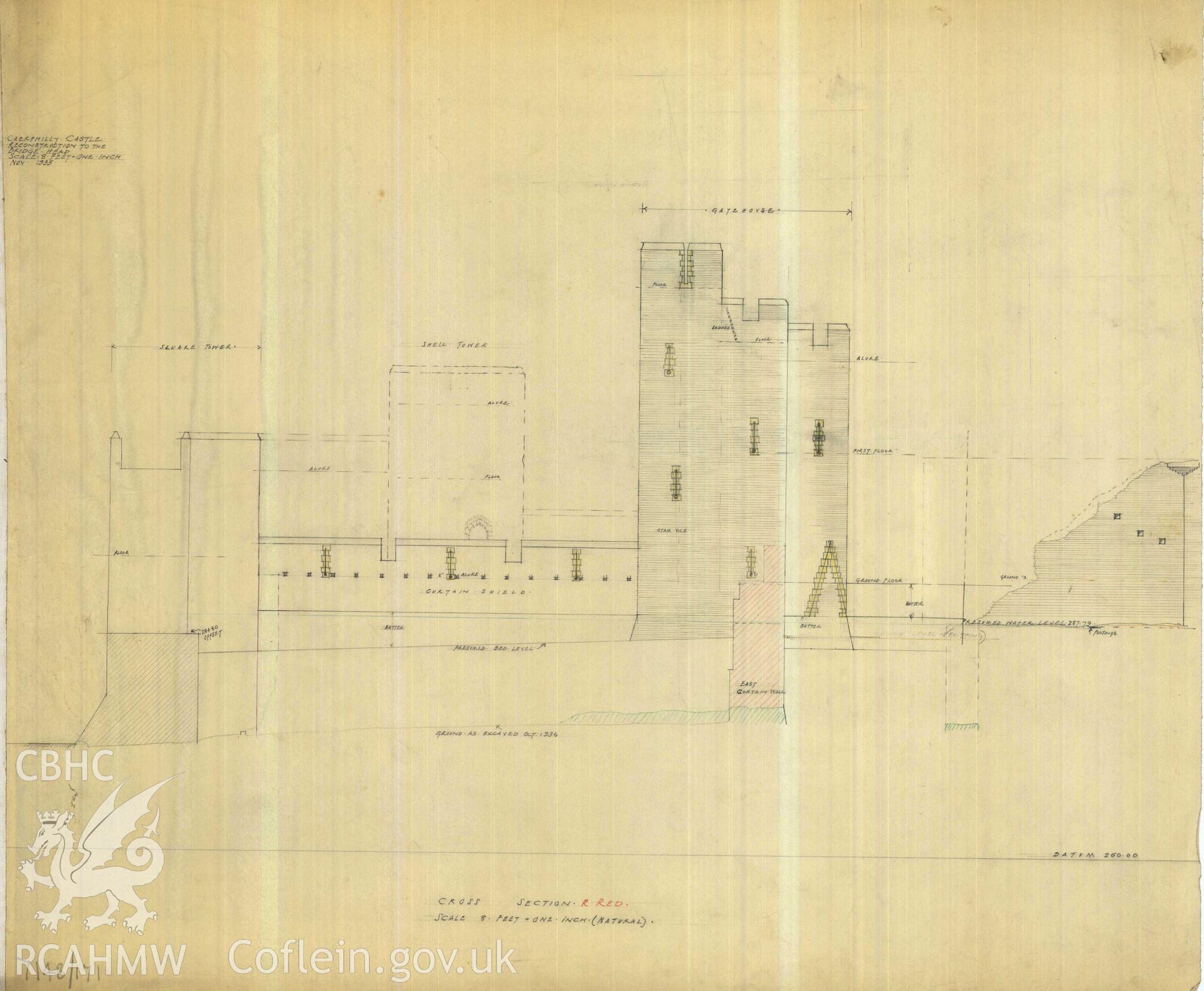 Cadw guardianship monument drawing of Caerphilly Castle. Dam, S gate, + tower, N elev. Cadw Ref. No:714B/171. Scale 1:96.