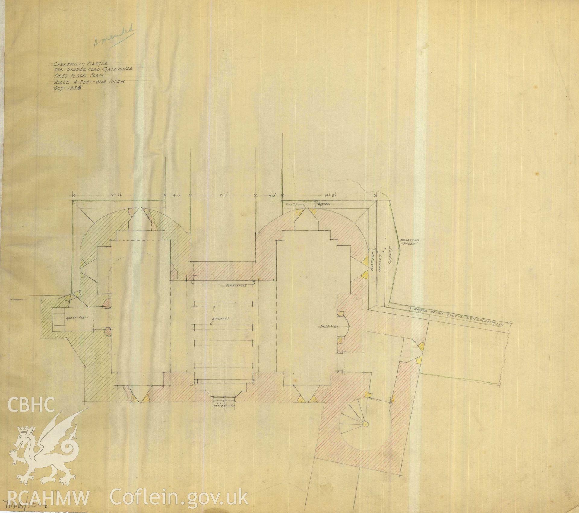 Cadw guardianship monument drawing of Caerphilly Castle. Dam, S gate, upper floor plan (ii). Cadw Ref. No:714B/154b. Scale 1:48.