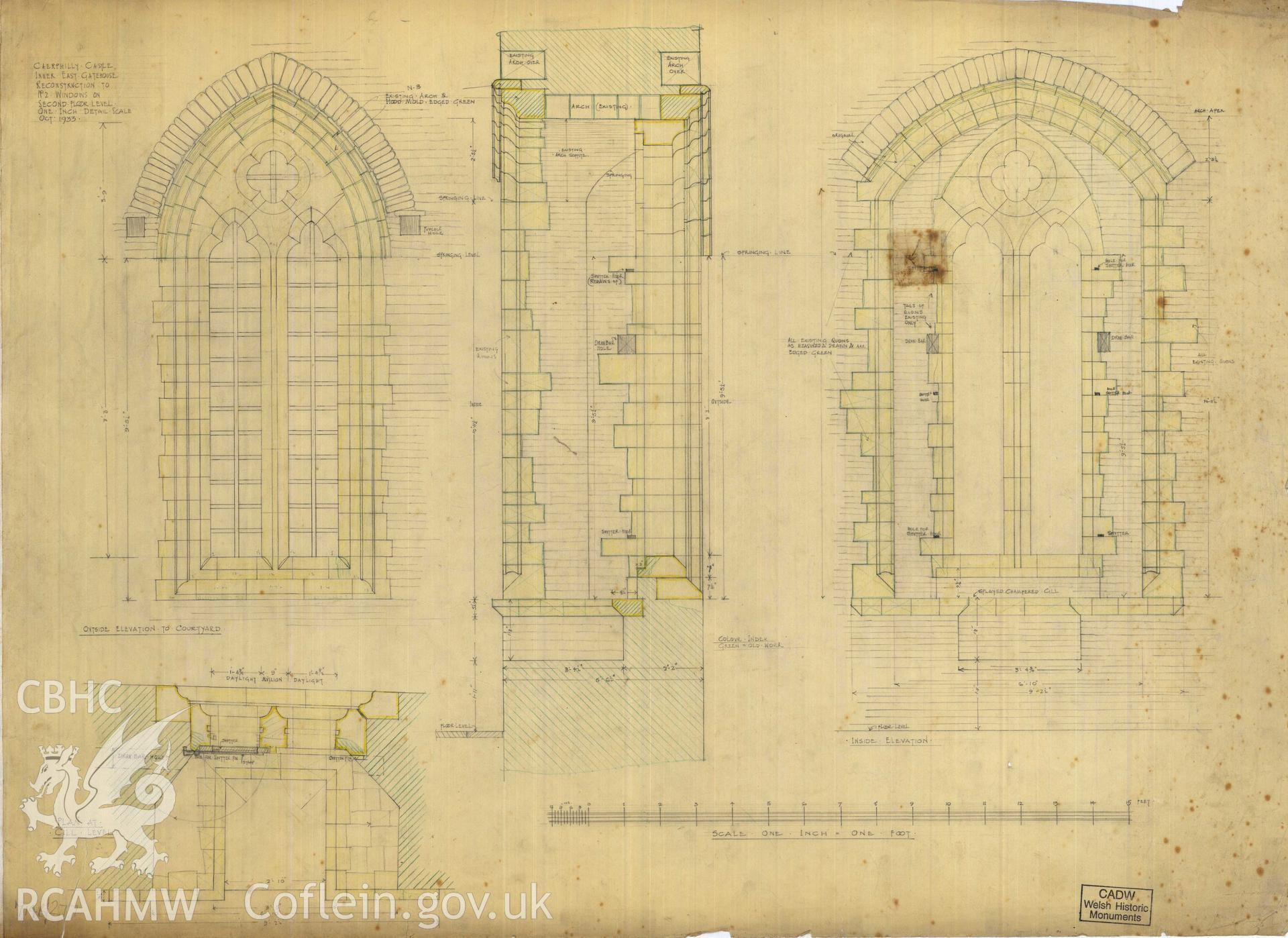 Cadw guardianship monument drawing of Caerphilly Castle. Inner E gate, top floor E window. Cadw Ref. No:714B/277. Scale 1:12.