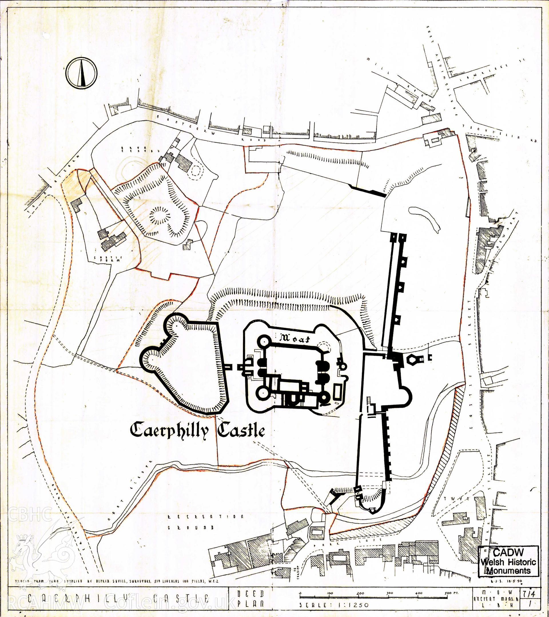 Cadw guardianship monument drawing of Caerphilly Castle. Deed Plan showing guardianship. Cadw ref. no: 714/1. Scale 1:1250.