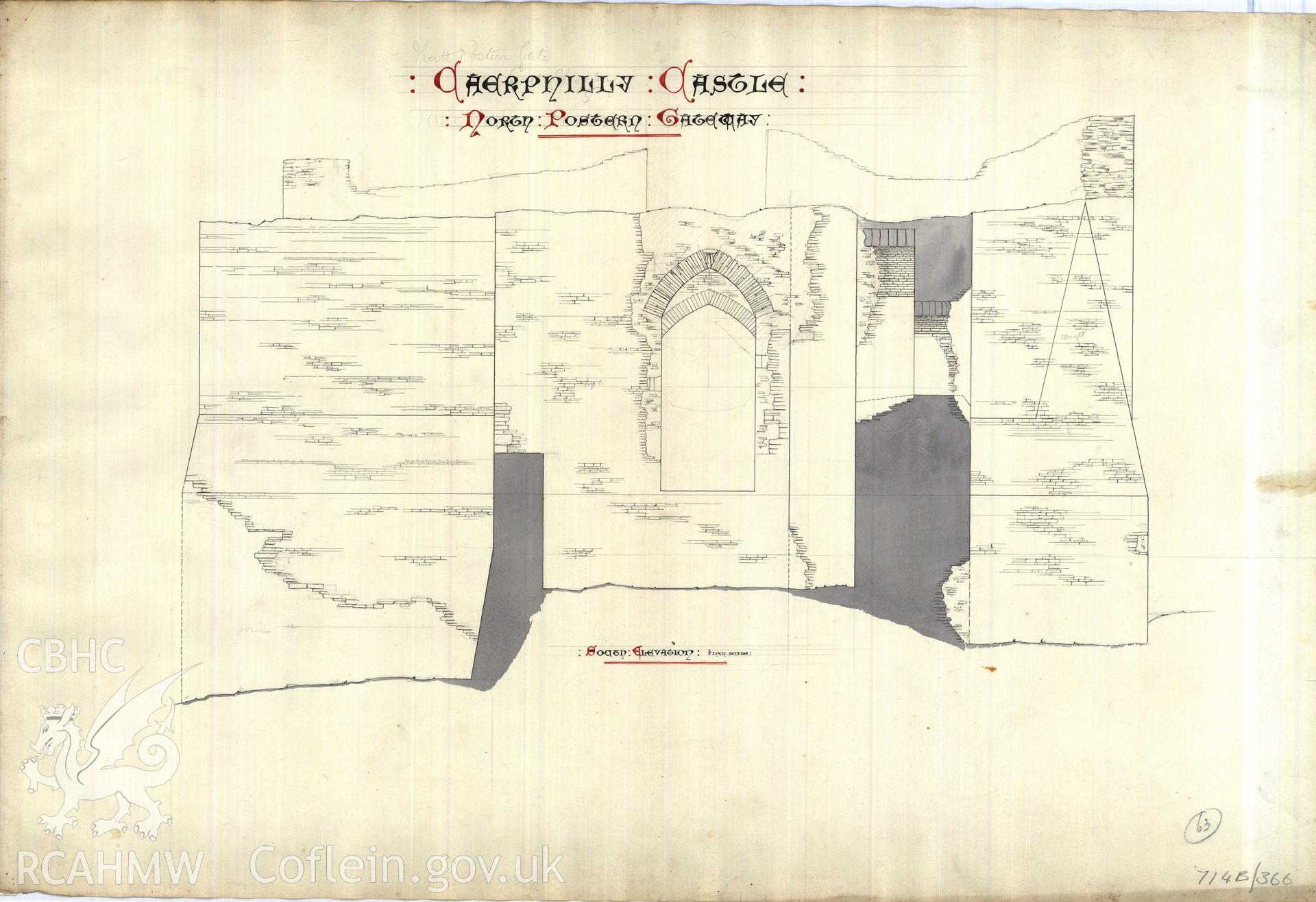 Cadw guardianship monument drawing of Caerphilly Castle. Dam N gate, S, (rear) elev. Cadw Ref. No:714B/366. Scale 1:24.
