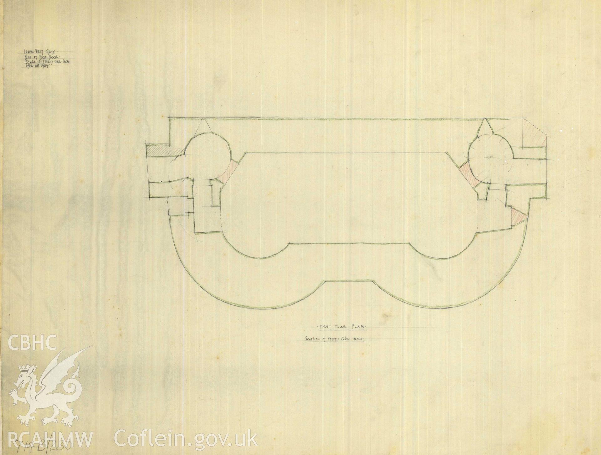 Cadw guardianship monument drawing of Caerphilly Castle. Inner W gate, upper floor plan. Cadw Ref. No:714B/230. Scale 1:48.