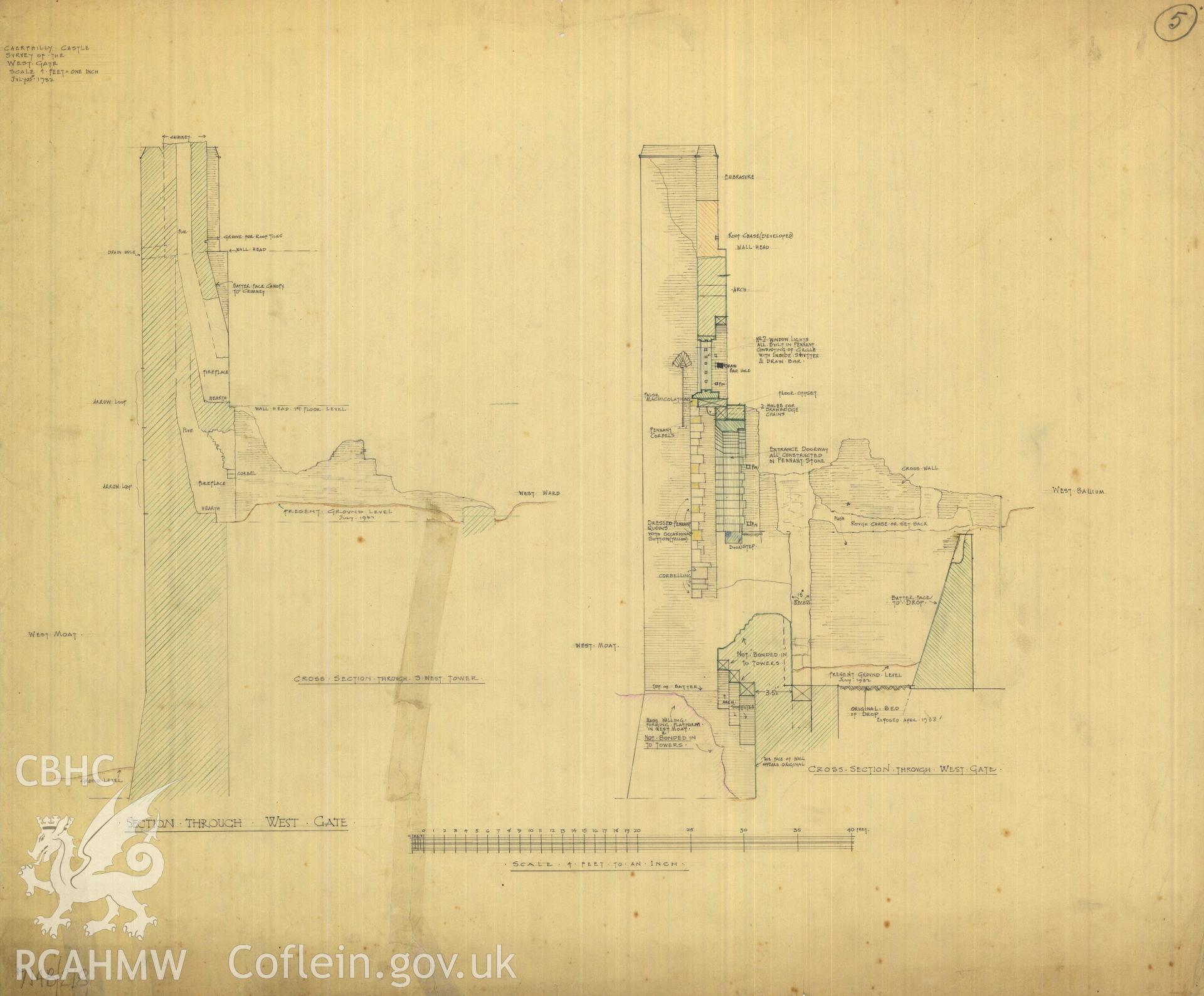 Cadw guardianship monument drawing of Caerphilly Castle. Mid W gate, sections. Cadw Ref. No:714B/218. Scale 1:48.