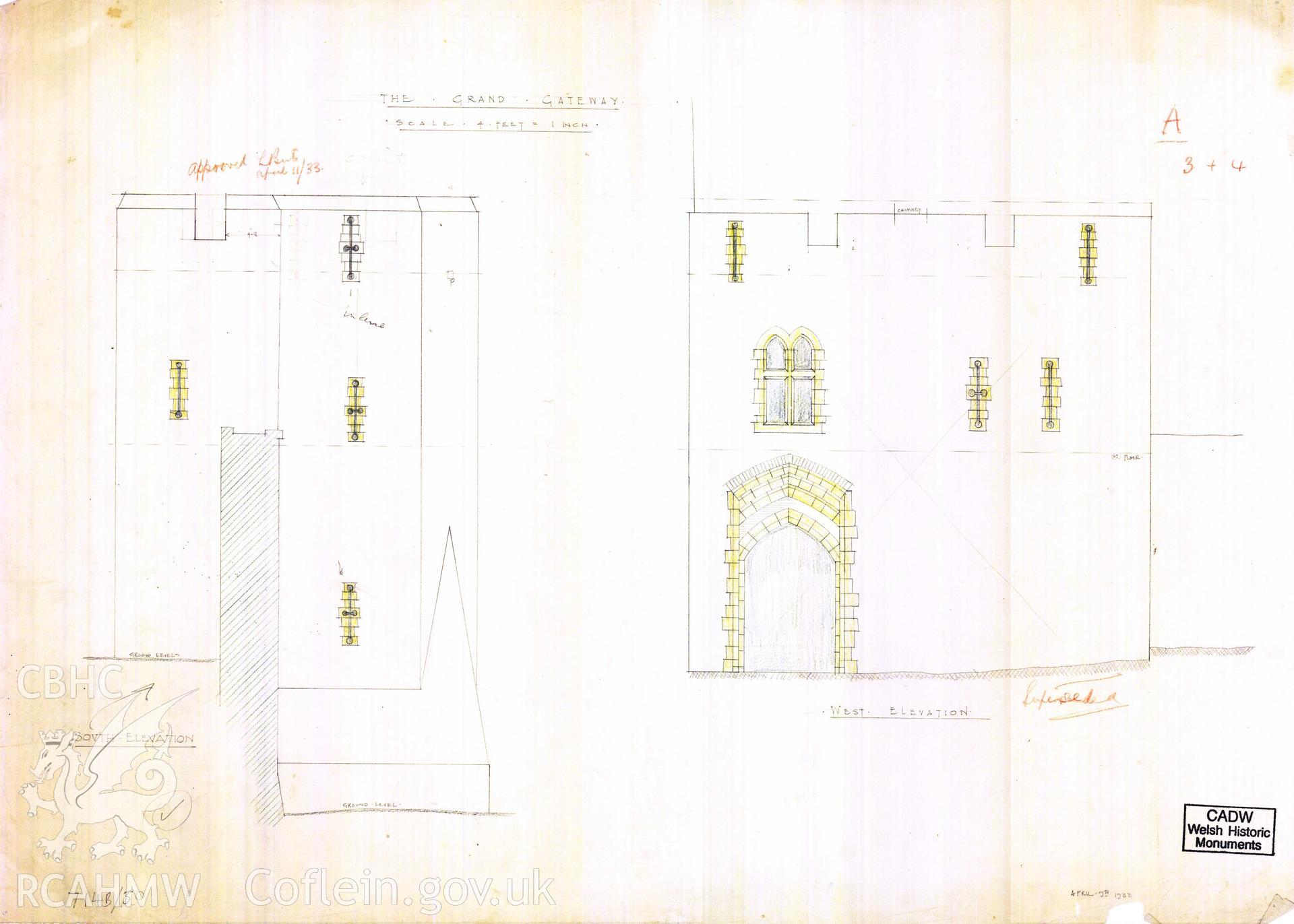 Cadw guardianship monument drawing of Caerphilly Castle. Outer E gate, S+W (int) elevs. Cadw ref. no: 714B/30. Scale 1:48.