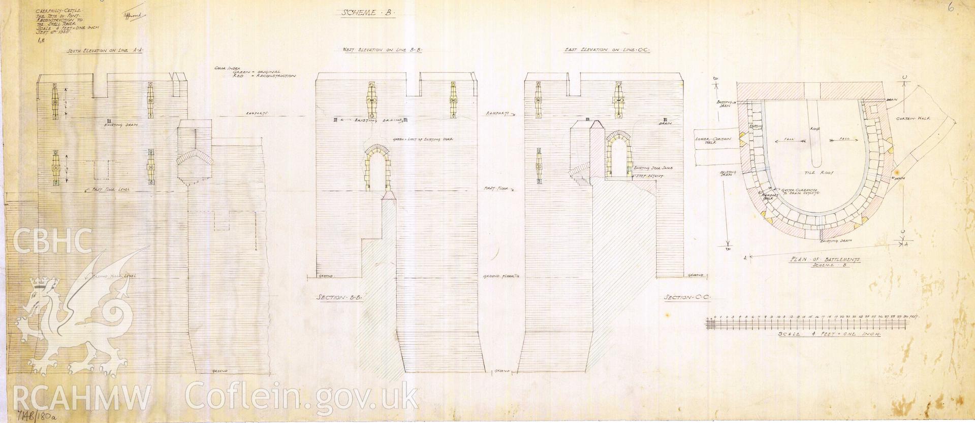 Cadw guardianship monument drawing of Caerphilly Castle. Dam S tower, elev (iv) sch B. Cadw Ref. No:714B/180a. Scale 1:48.