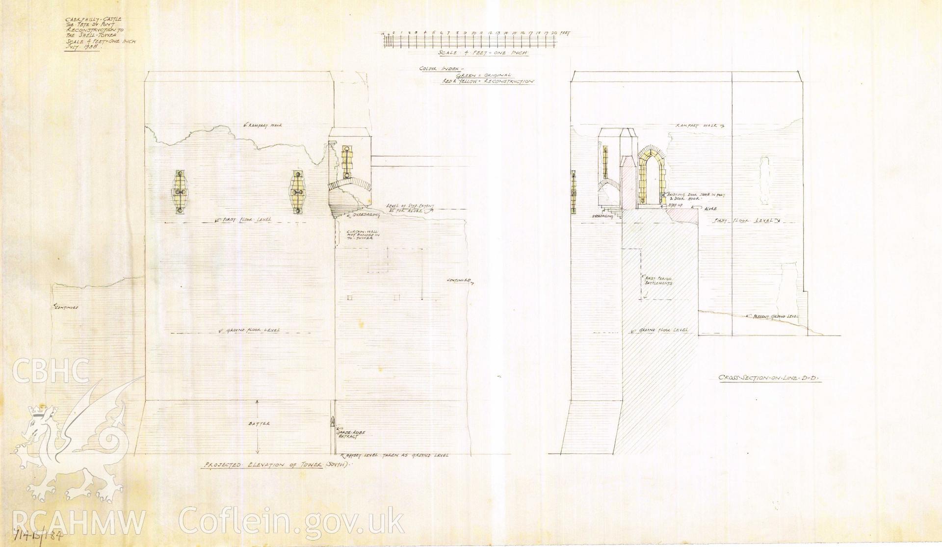 Cadw guardianship monument drawing of Caerphilly Castle. Elevation and section showing reconstruction to shell tower. Cadw Ref. No. 714B/184. Scale 1:48.