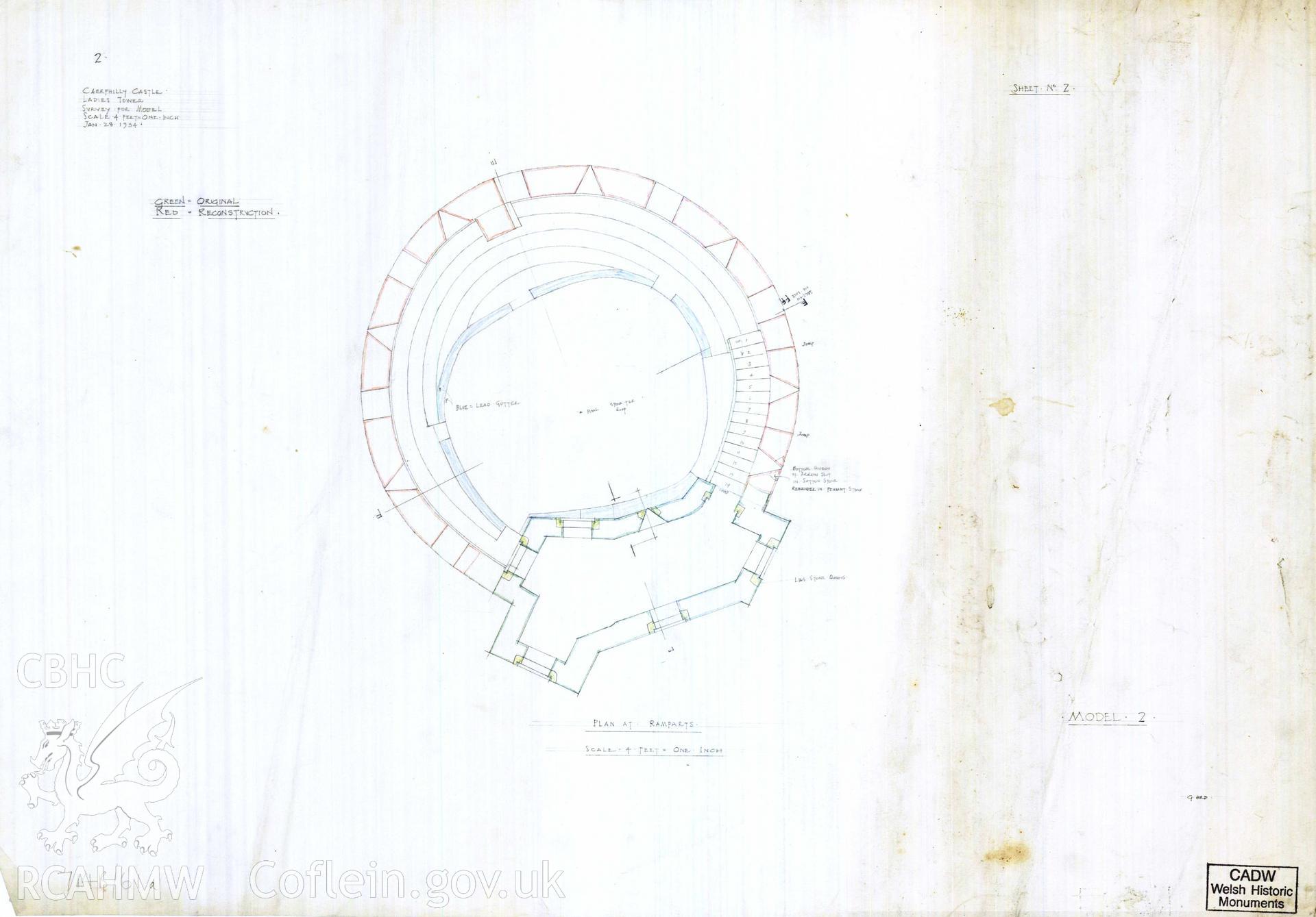 Digital copy of Cadw guardianship monument drawing of Caerphilly Castle. NW tower, 2, roof-level plan. Cadw ref. no: 714B/61a. Scale 1:48.  Original drawing withdrawn and returned to Cadw at their request.