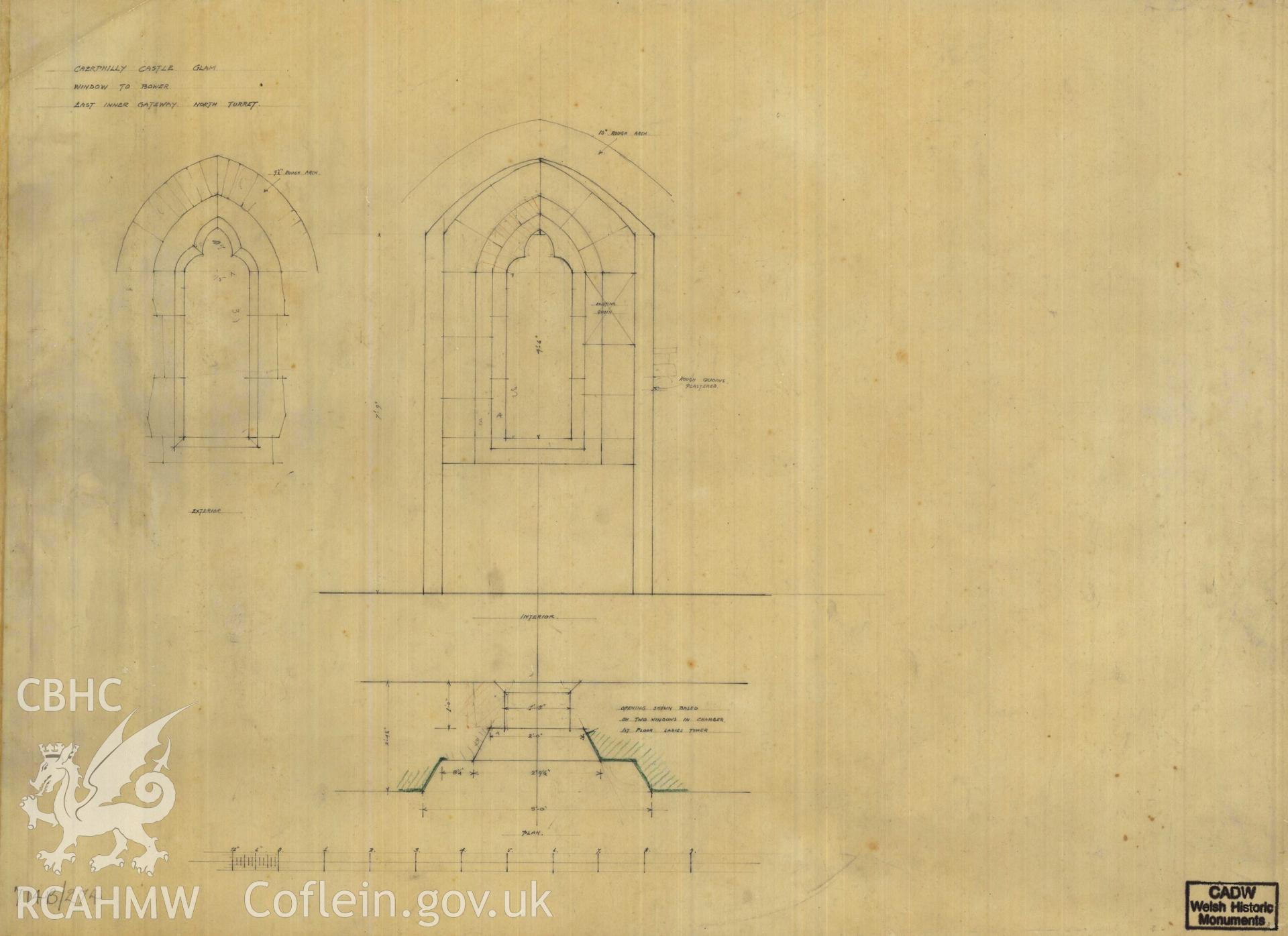 Cadw guardianship monument drawing of Caerphilly Castle. Inner E gate, N turret "Bower" window. Cadw Ref. No:714B/274. Scale 1:24.