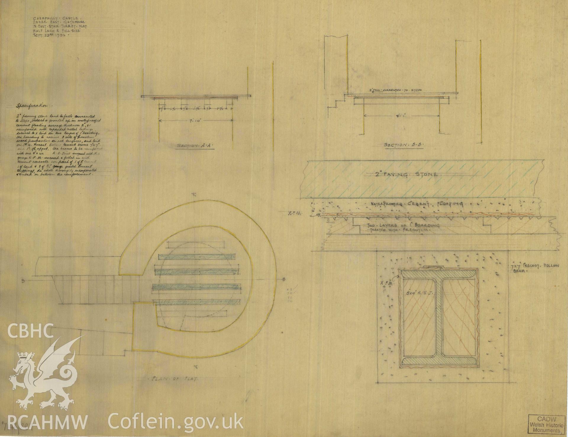 Cadw guardianship monument drawing of Caerphilly Castle. Inner E gate, N turret flat+specs. Cadw Ref. No:714B/287. Scale 1:24.