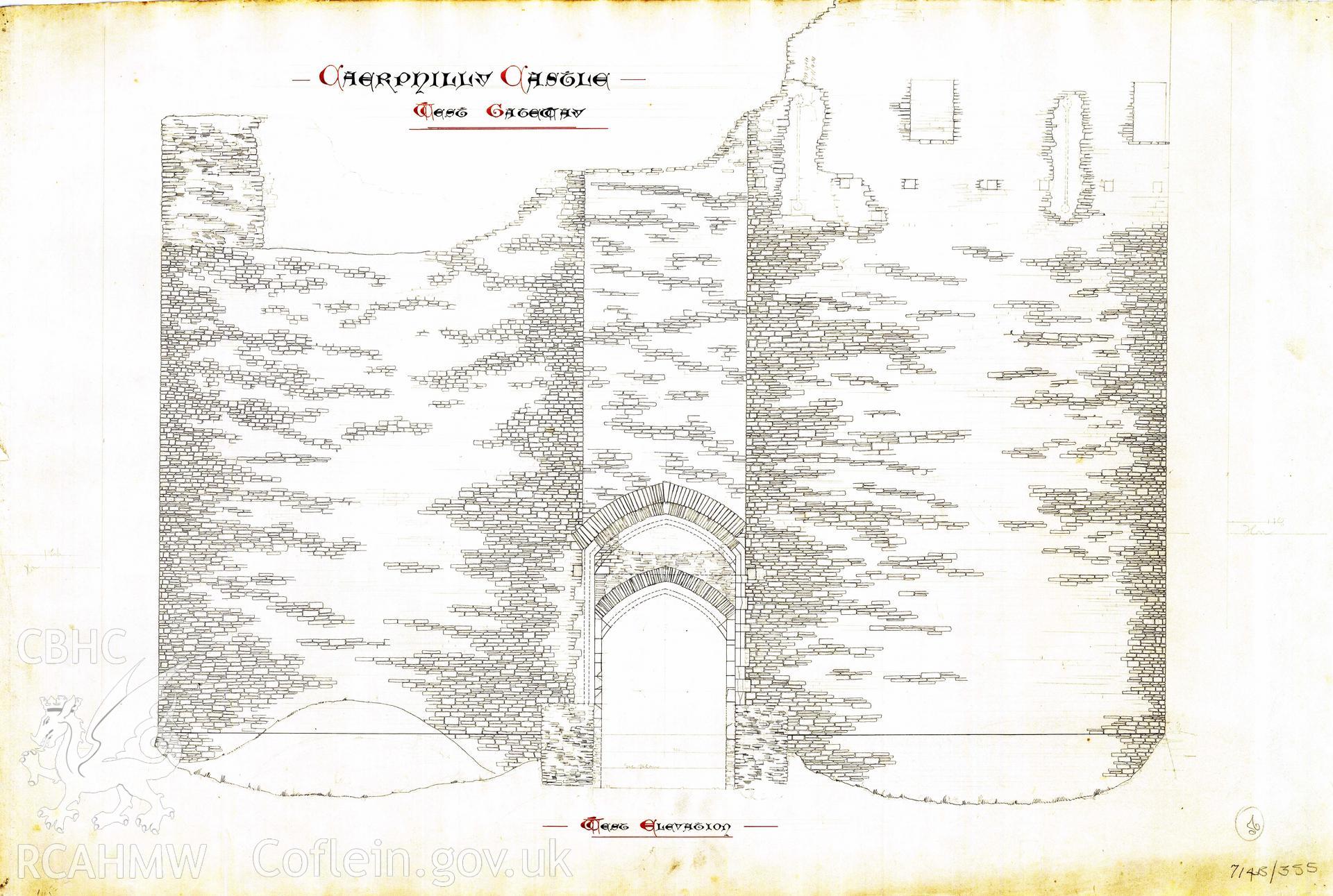 Cadw guardianship monument drawing of Caerphilly Castle. Inner W gate, W (ext) elev. Cadw Ref. No:714B/355. Scale 1:24.